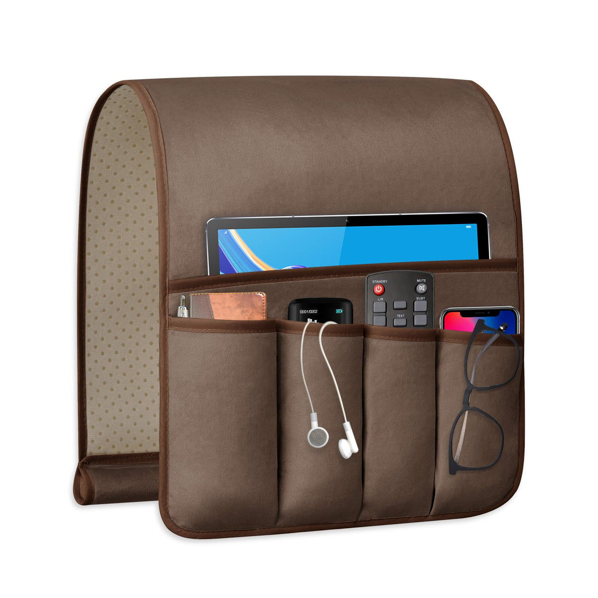 WETRBWEH Remote Control Holder for Armchair, Couch Caddy Organizer TV Remote Holder for Bed Storage 5 Pockets, Remote Caddy Bedside Organizer Bedside Table Organizer (Brown, 35"x12.4")