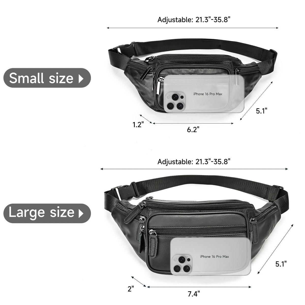 Genuine Leather Fanny Pack Men Women Multi-Pockets sling Waist Bag For Travel Sports Hiking Cycling Fishing Running Black Small