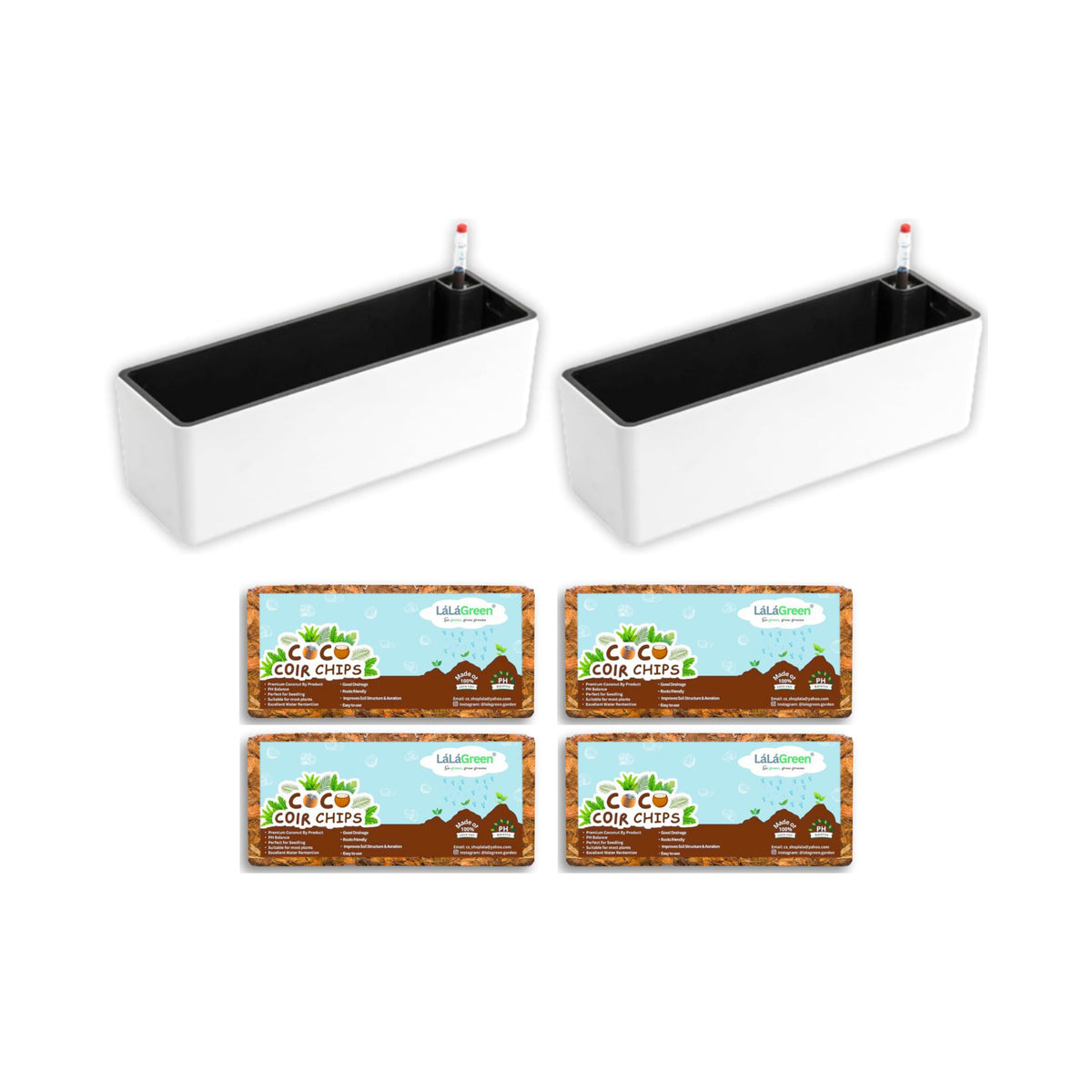 LaLaGreen Bundle - 2 Pack, 16 Inch White Self Watering Planter Box for Indoor Plant + 4 Pack, 500g Coconut Coir Chips for Plants Herb Garden Seedling Outdoor Planting Soil Vegetable Flower Orchids