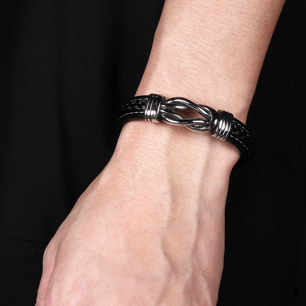 LJWVX Mens Leather Bracelet,Braided Leather Wristband Cuff Bracelets Stainless Steel Clasp,Jewellery Gift for Men Black 8.5inch