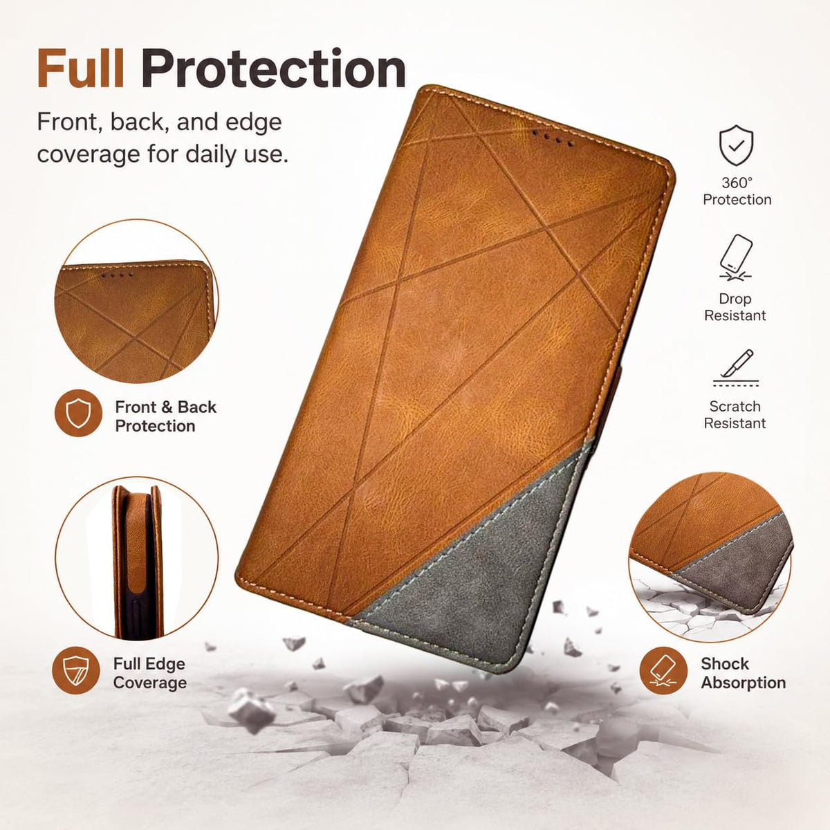 EMF Protection Anti Radiation Cell Phone Wallet Case for iPhone, EMF Blocker Genuine Leather Flip Folio Phone Cover, RFID Blocking Card Holder, MagSafe Case Wallet (Brown/Gray, iPhone 15 Pro Max)