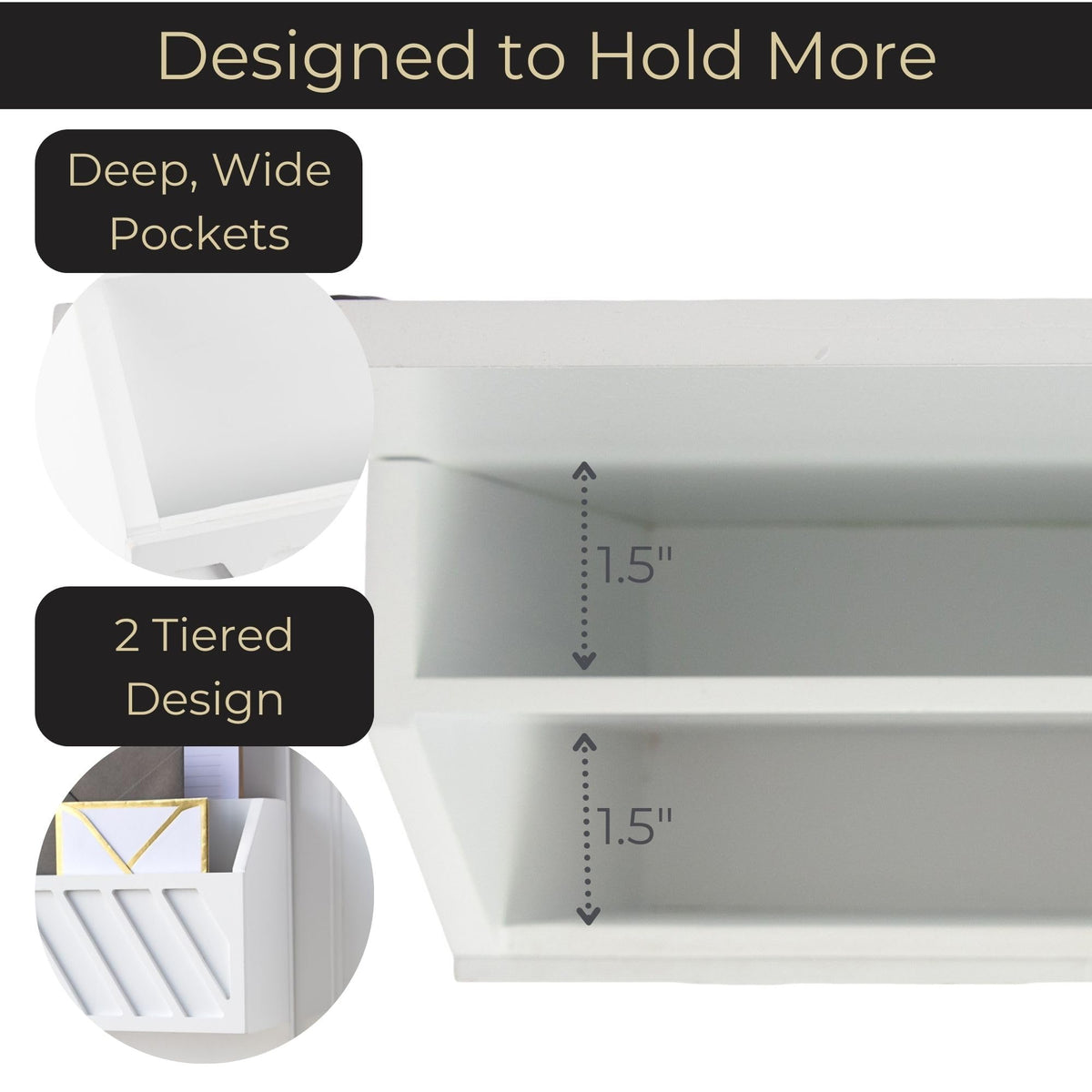 BLU MONACO | Wall Mount Key Holder with Mail Organizer | Wooden Command Center with 3 Hooks and 2-Tier Letter Pockets | Entryway Mail Sorter & Key Rack | White Geometric Wall Organizer for Office Home