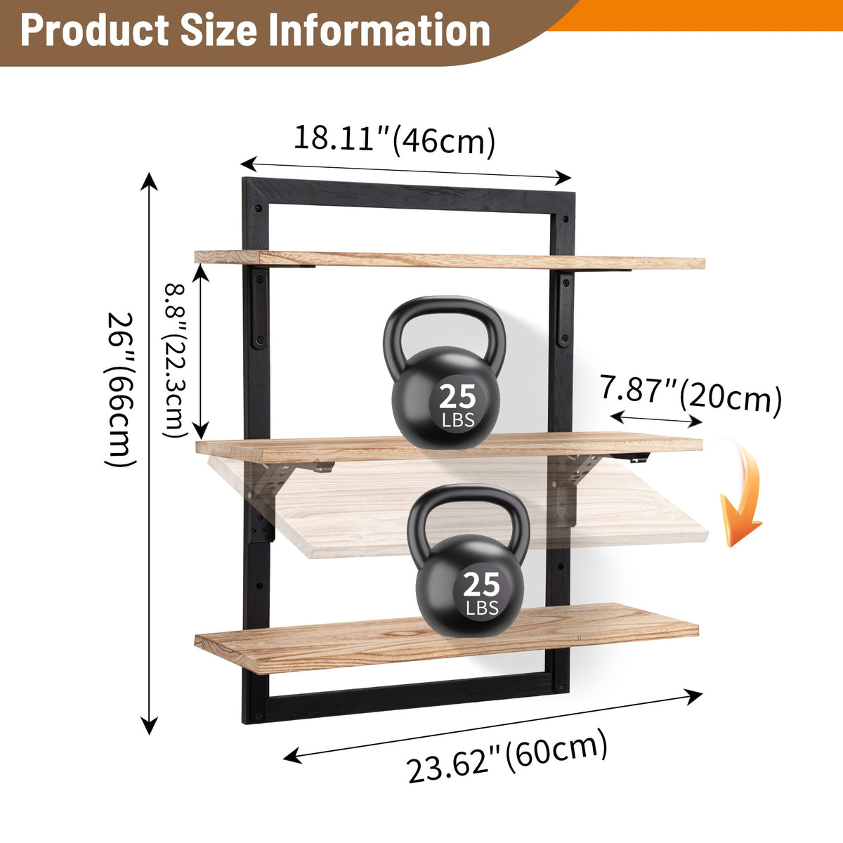 Wodhels 24-Inch Floating Shelves for Wall，3-Tier Wooden Wall Mounted Kitchen Shelves with Foldable Brackets,Hanging Wall Shelves for Living Room, Coffee Bar，Bedroom, Bathroom,Rustic Brown
