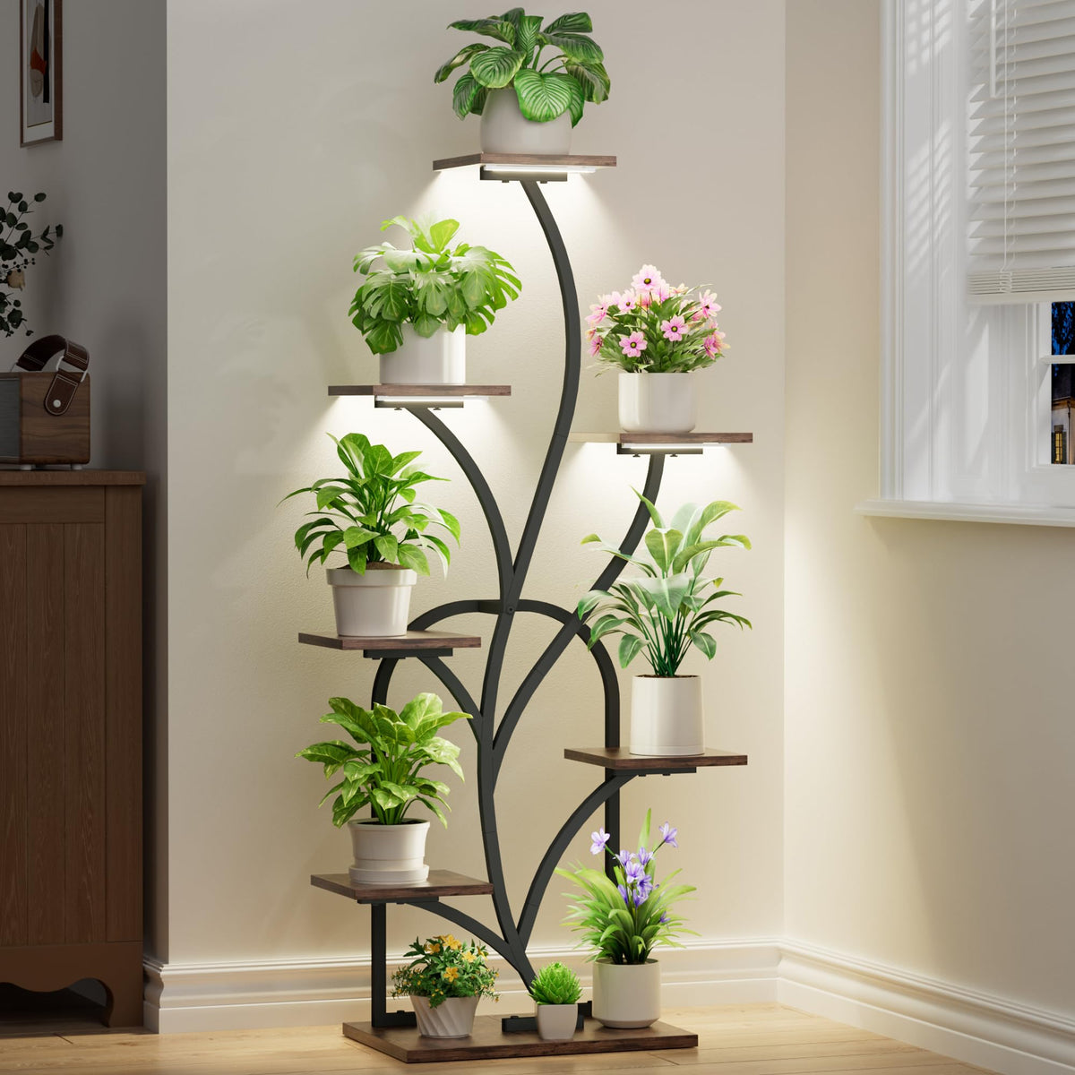 BEVAURORA Plant Stand Indoor with Grow Lights - 51" Tall Plant Stand, Corner Plant Shelf for Indoor Plants, 8 Tiered Lighted Flower Holder, Vase-shaped Plant Rack for Home, Black & Brown