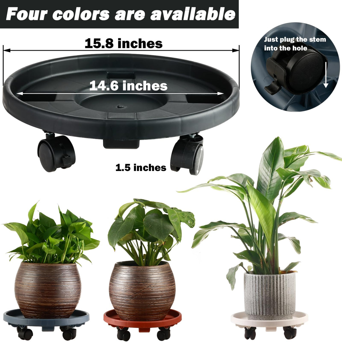3 Pakcs Large Plant Caddy with Wheels 15.8" Rolling Plant Stands Heavy-duty Plastic Plant Roller Base Pot Movers Plant Saucer on Wheels Indoor Outdoor Plant Dolly with Caster Tray Coaster, Black