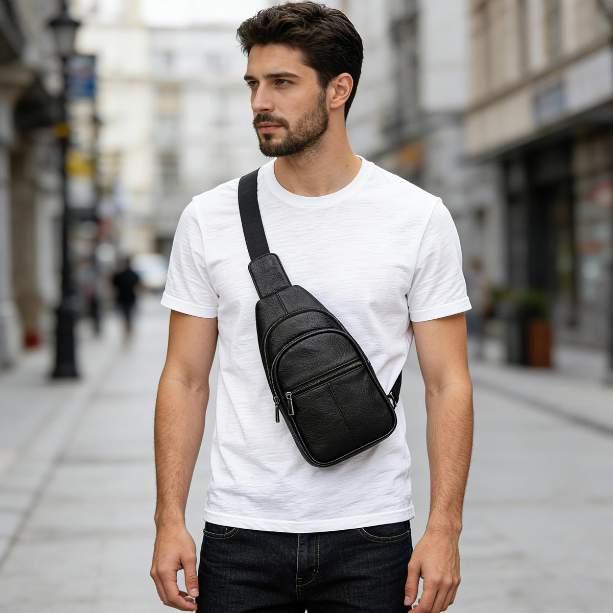 Small Leather Sling Bag Crossbody for Men Women One Strap Shoulder Cross Body Bag Sling Backpack for Travel, 9342 Black