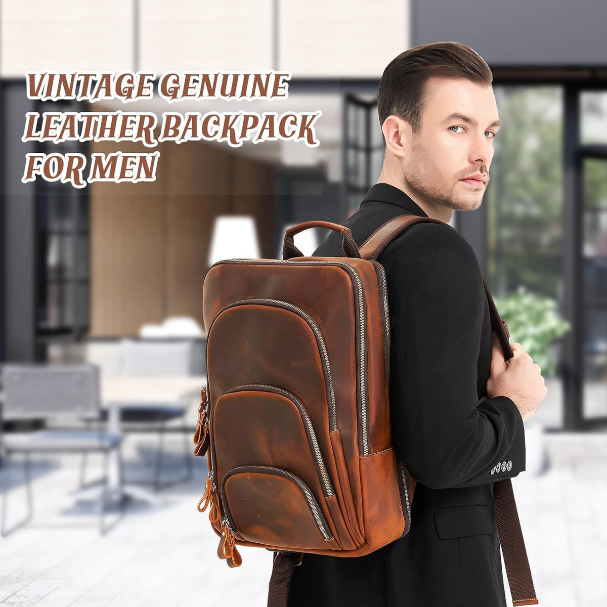 Fshsup Full Grain Leather Backpack 15.6" Laptop Bag Men's Vintage Genuine Leather Business Backpack Travel Hiking Camping Rucksack Overnight Weekender Daypack Backpack