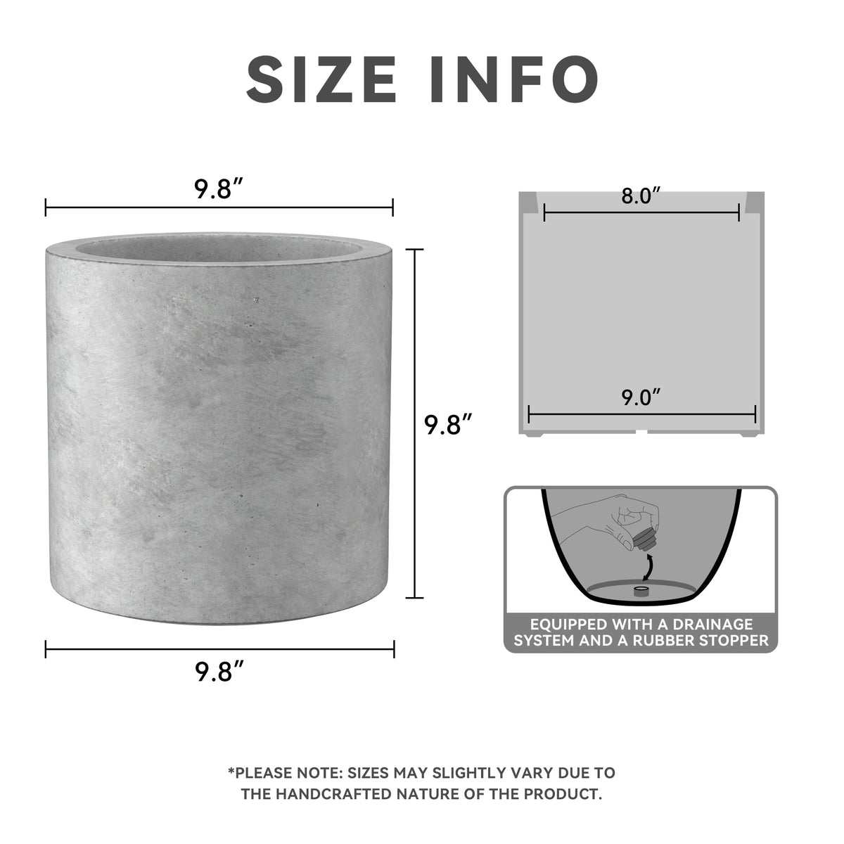 Kante 9.8" Dia Round Concrete Planter, Modern Style Large Cylindrical Plant Pot with Drainage Hole and Rubber Plug for Indoor Outdoor Patio, Natural Concrete