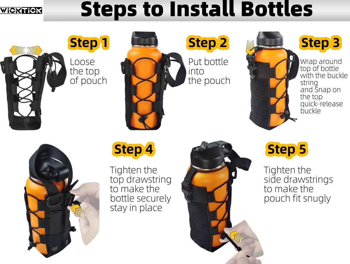WICKTICK Molle Water Bottle Holder Pouch 16 24 32 40 64 oz - Multi-Purpose Tactical Fuel Bottle Bag, Adjustable Size for Outdoor Activities, Adapted to Backpack/Vest/Belt (Brown, Classic)