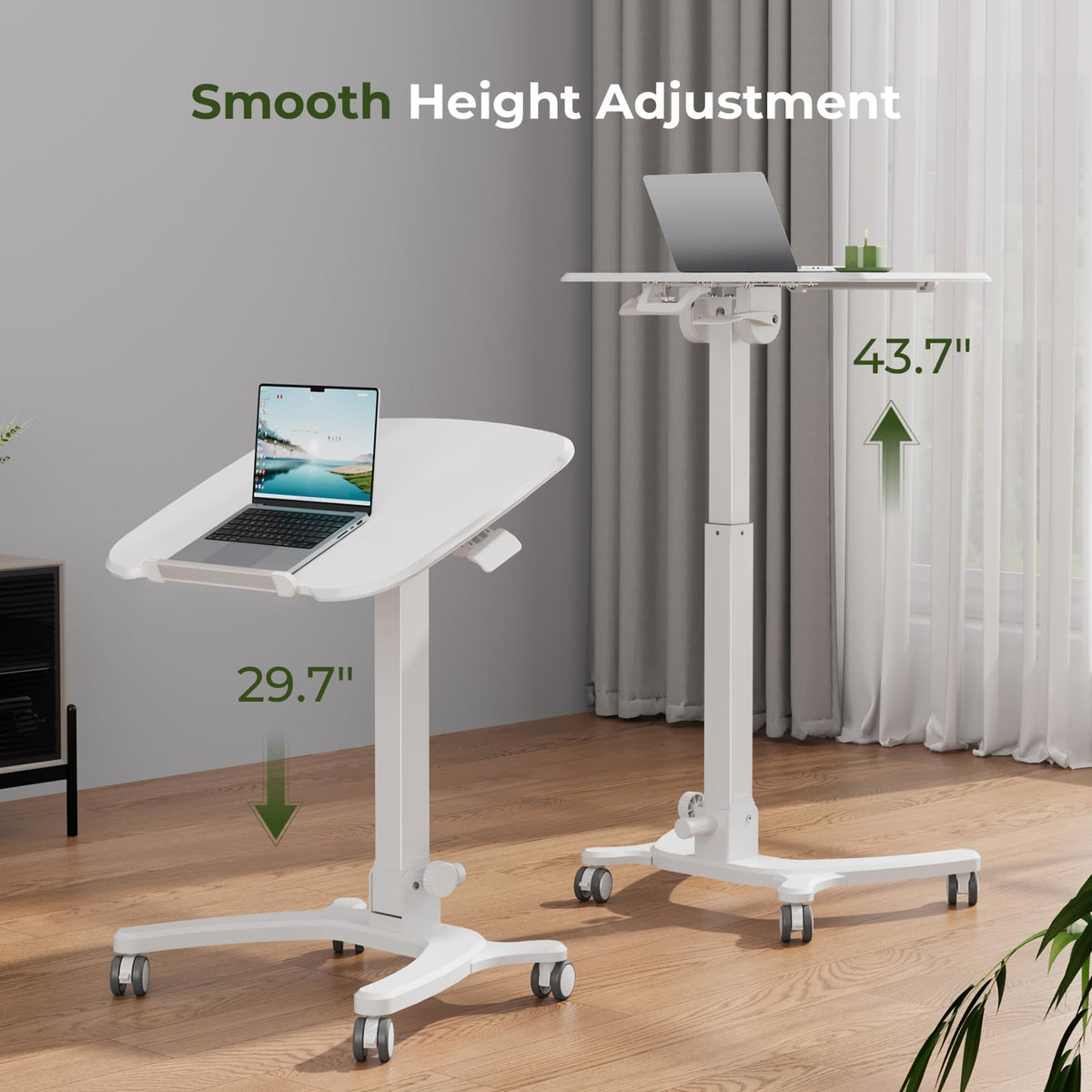 JYLH JOYSEEKER Foldable Mobile Standing Desk, 27"×21" Portable Rolling Laptop Cart with 90° Tiltable Board, Height Adjustable Workstation with Wheels, Folding Table for Home Office, White