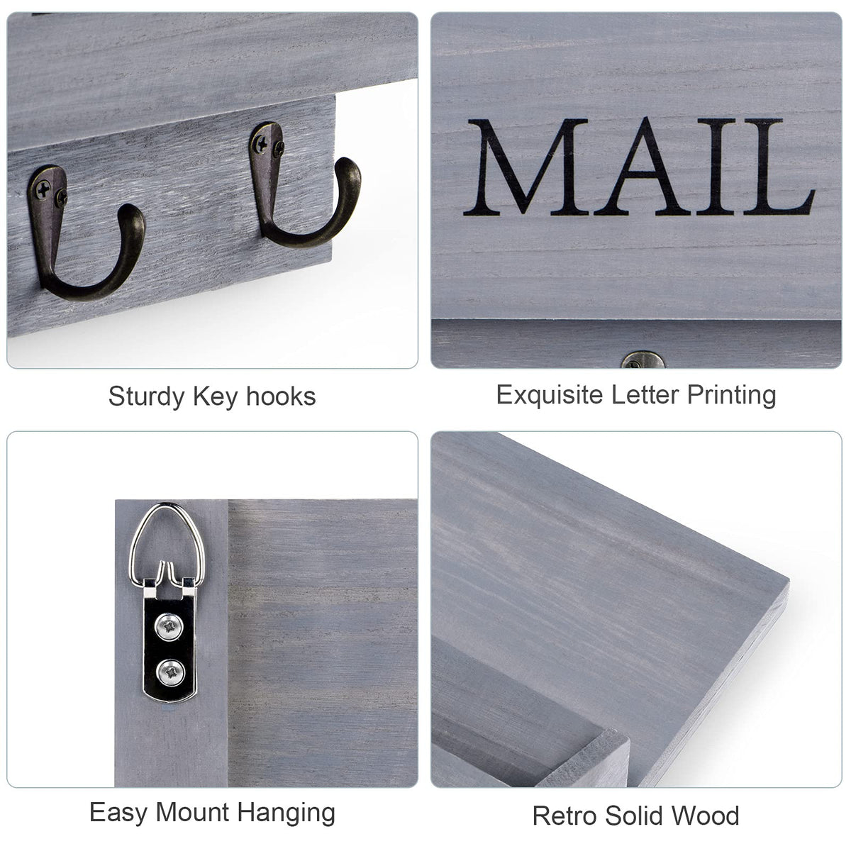 DLQuarts Mail Organizer with Key Holder for Wall Decorative Mail Sorter Wall Mounted, Wooden Mail Holder with 3 Hooks, Gray