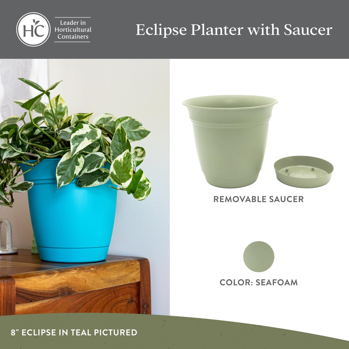 The HC Companies 6 Inch Eclipse Round Planter Pots with Drainage Holes & Attached Saucer, Lightweight UV-Resistant Plastic Indoor Outdoor Planters, 4-Pack Flower Pots for Garden & Home Decor, Seafoam