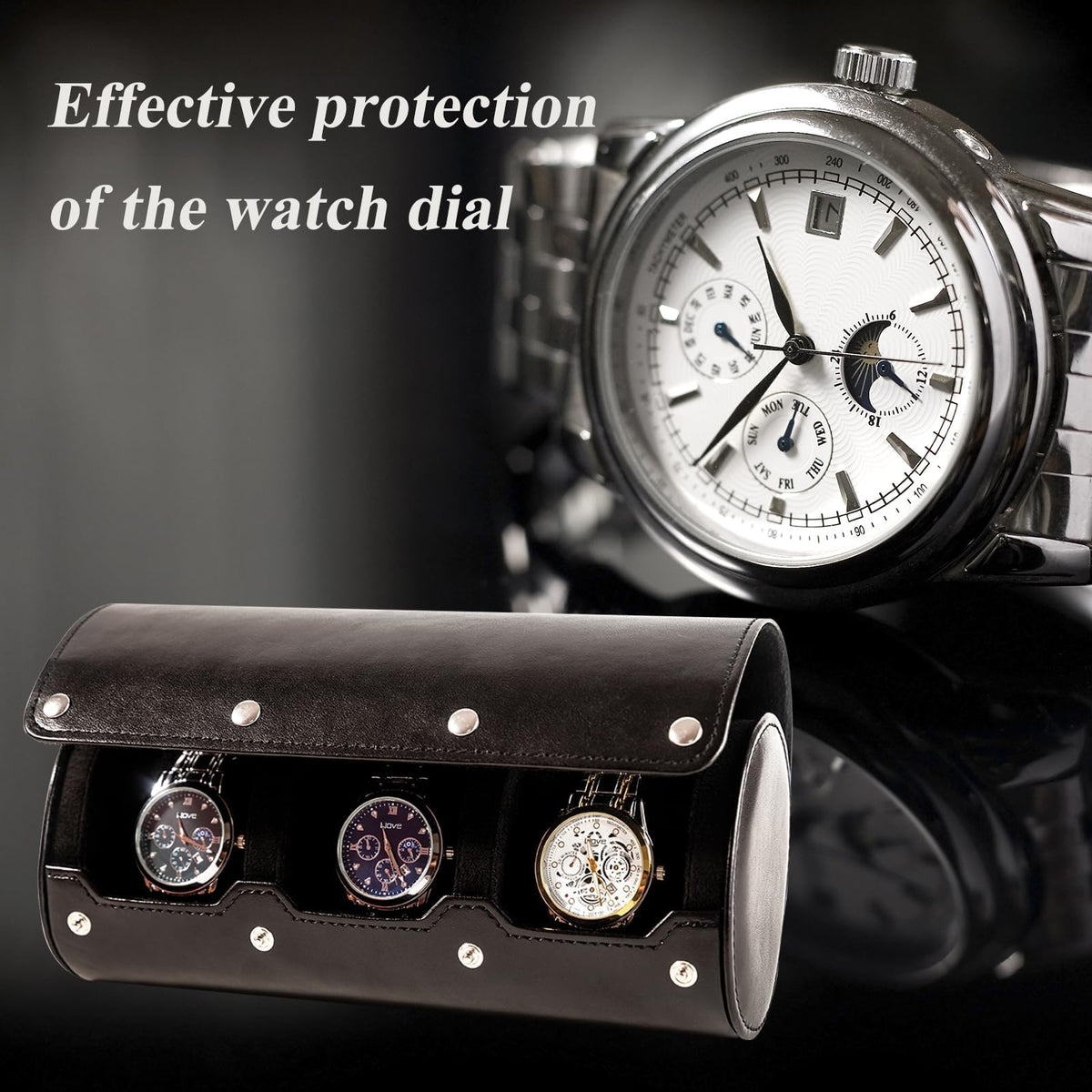 MR.OKAY 3 Watch Travel Case-Classic Leather Watch Case With Superb Texture.Portable Watch Roll Or Organizer For Storage And Display. Men's Great Gift For Traveling,100% Handmade by Artisans.