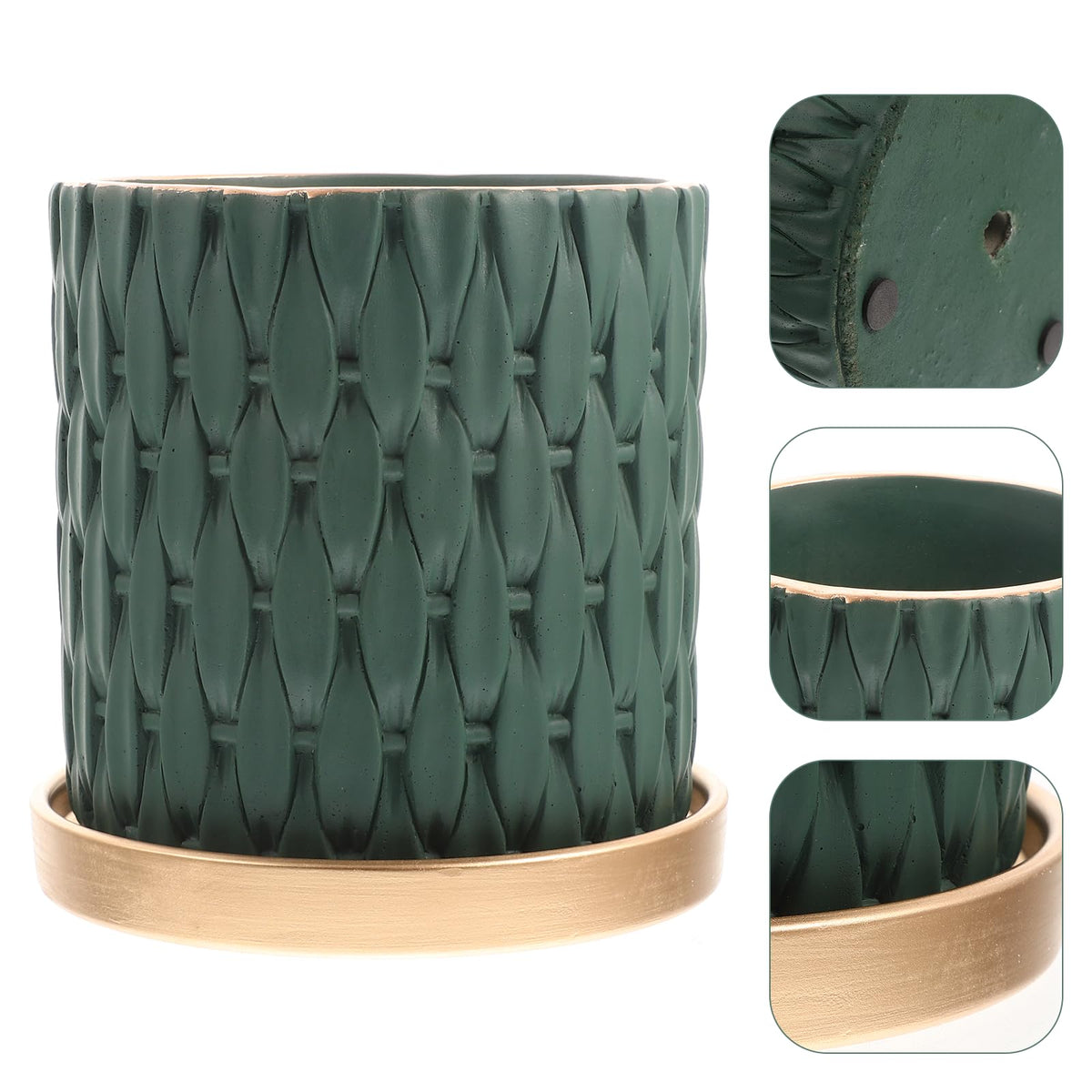 TIDTALEO European Style Cement Woven Pattern Plant Pot with Drainage Tray, Outdoor Indoor Nursery Flower Planter in Dark Emerald and Metallic Tray, Garden Planting Accessory for Patio