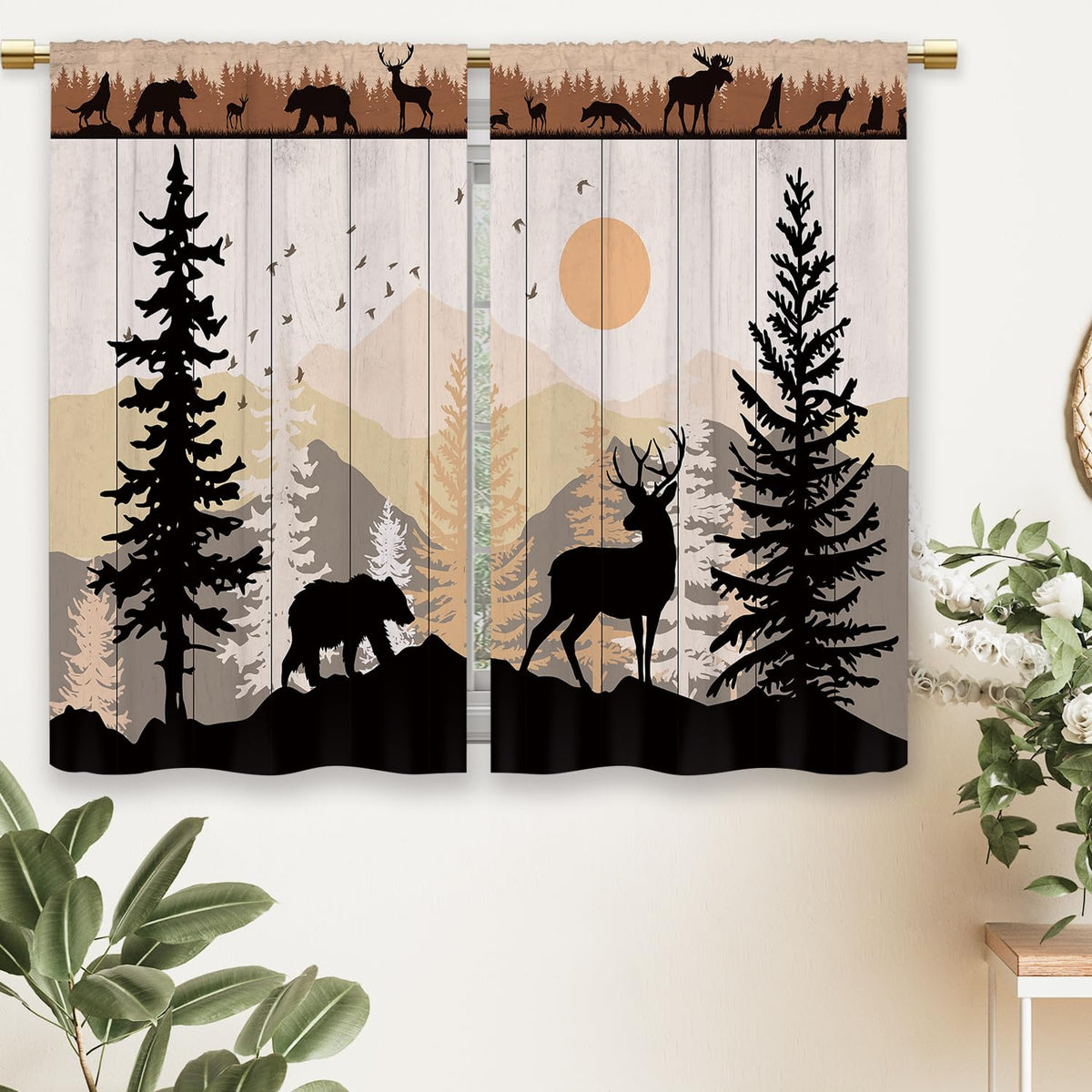 Laifzere Farmhouse Forest Cabin Kitchen Curtains Rustic Wooden Small Short Cafe Window Curtains Tree Country Deer Bear Rod Pocket Bathroom Window Drapes Treatment Tier Curtains 2 Panels (27.5x39 Inch)