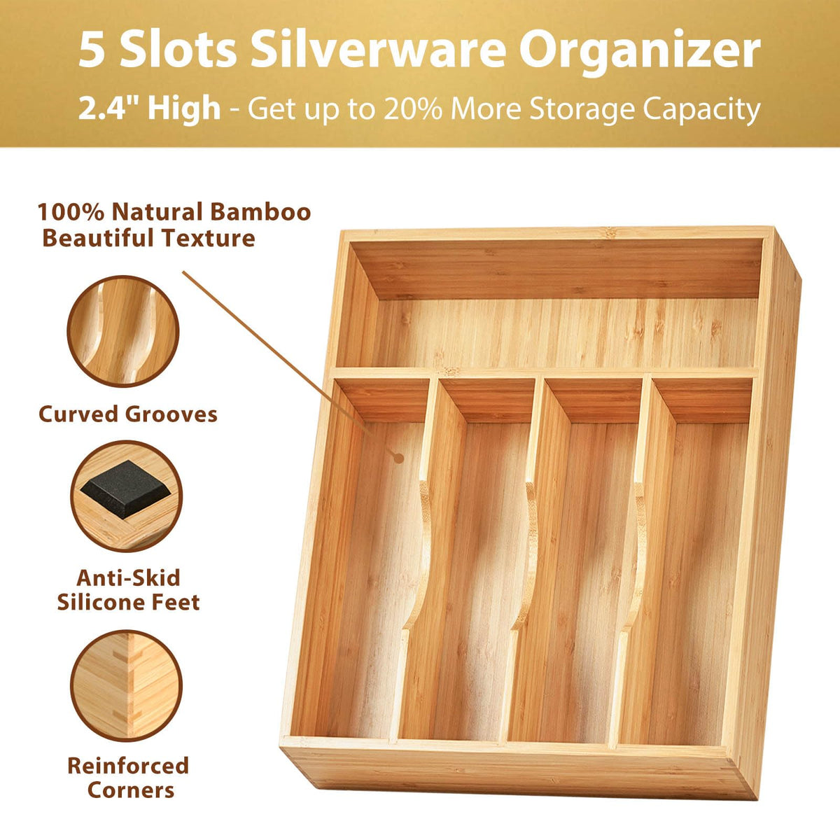 Umilife Bamboo Kitchen Drawer Organizer, 11 Inch Silverware Utensils Tray Holder with Grooved Dividers, 2.4" High Wood Caddy for Flatware Cutlery Knives