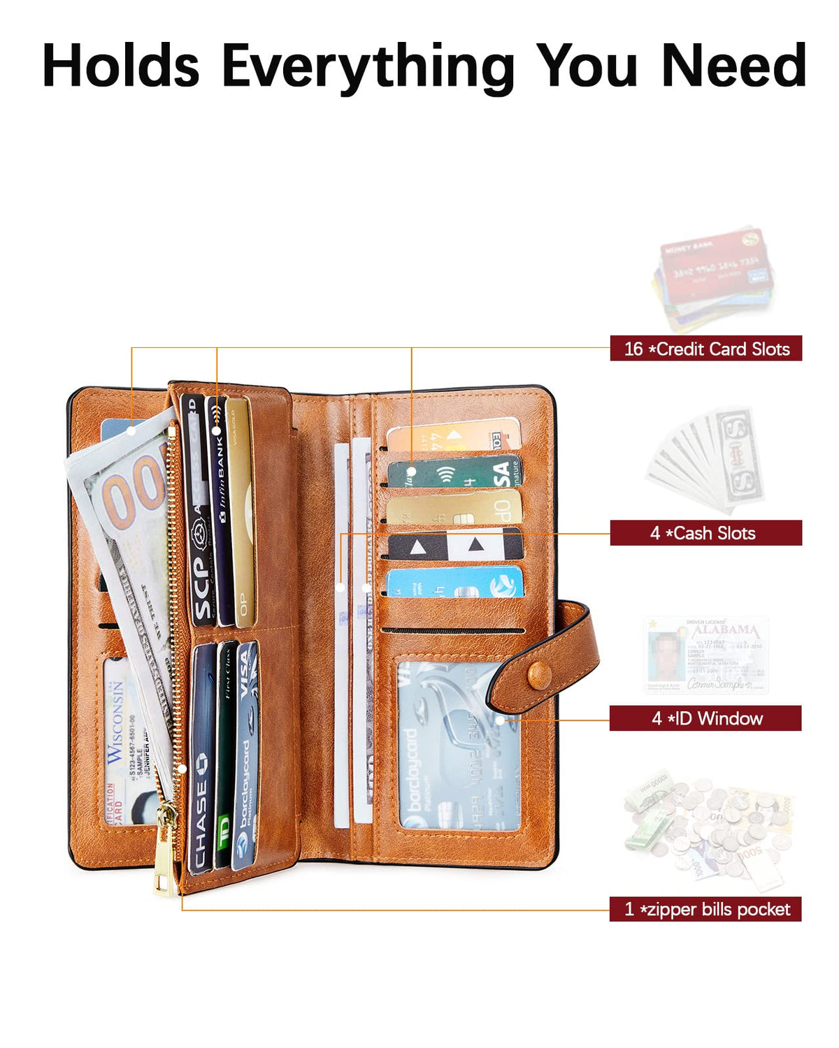 BOSTANTEN Leather Wallets RFID Blocking Large Capacity Trifold Card Holder Ladies Phone Clutch Brown