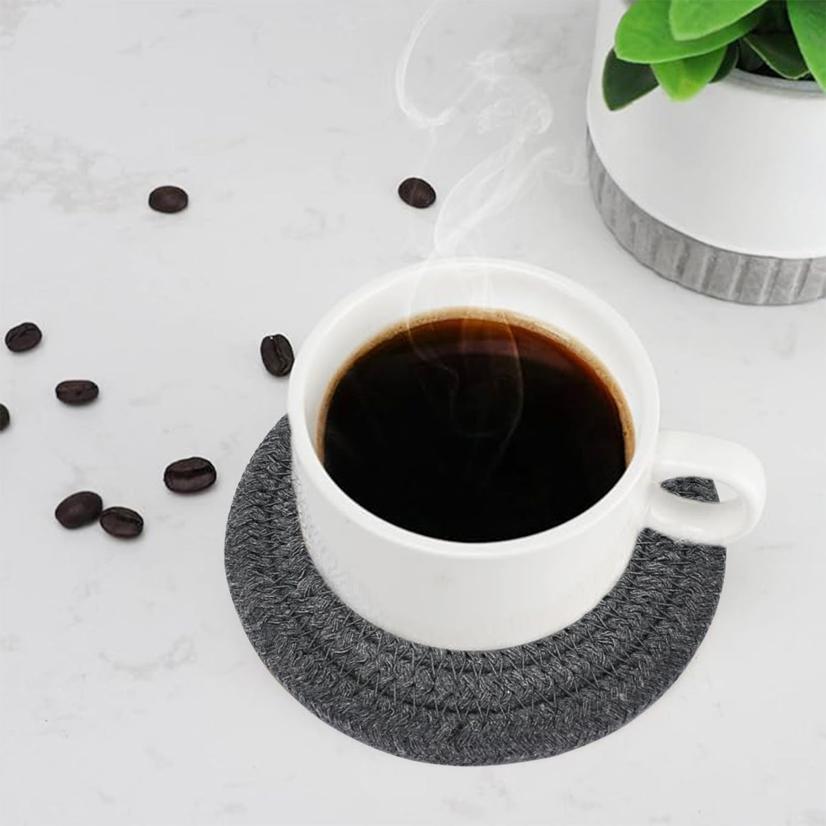 ABenkle 8 Pcs Drink Coasters with Holder, Cotton Woven Absorbent Coasters for Drinks, Minimalist Home Decor Coaster Set for Wooden Tabletop Protection Table, 4.3 inches Grey