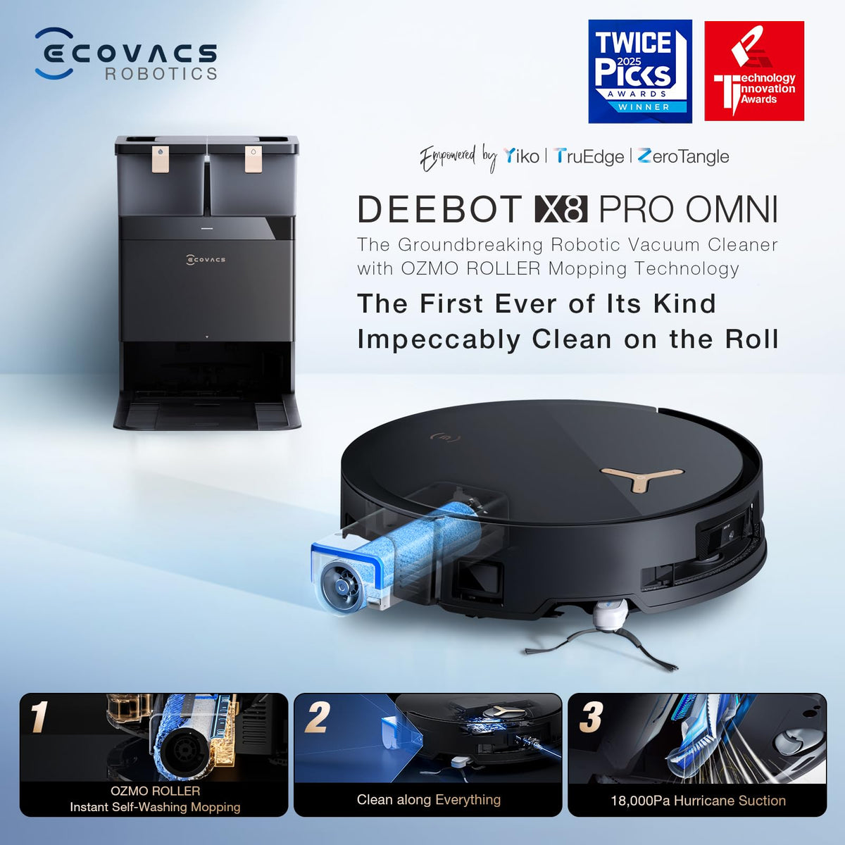 ECOVACS DEEBOT X8 PRO OMNI Robot Vacuum and Mop, 18000Pa, OZMO ROLLER Instant Self-Washing Mopping, 167℉ Hot Water Mop Washing, Auto Cleaning Solution Adding, Hot Air-Drying, Self-Emptying, Black