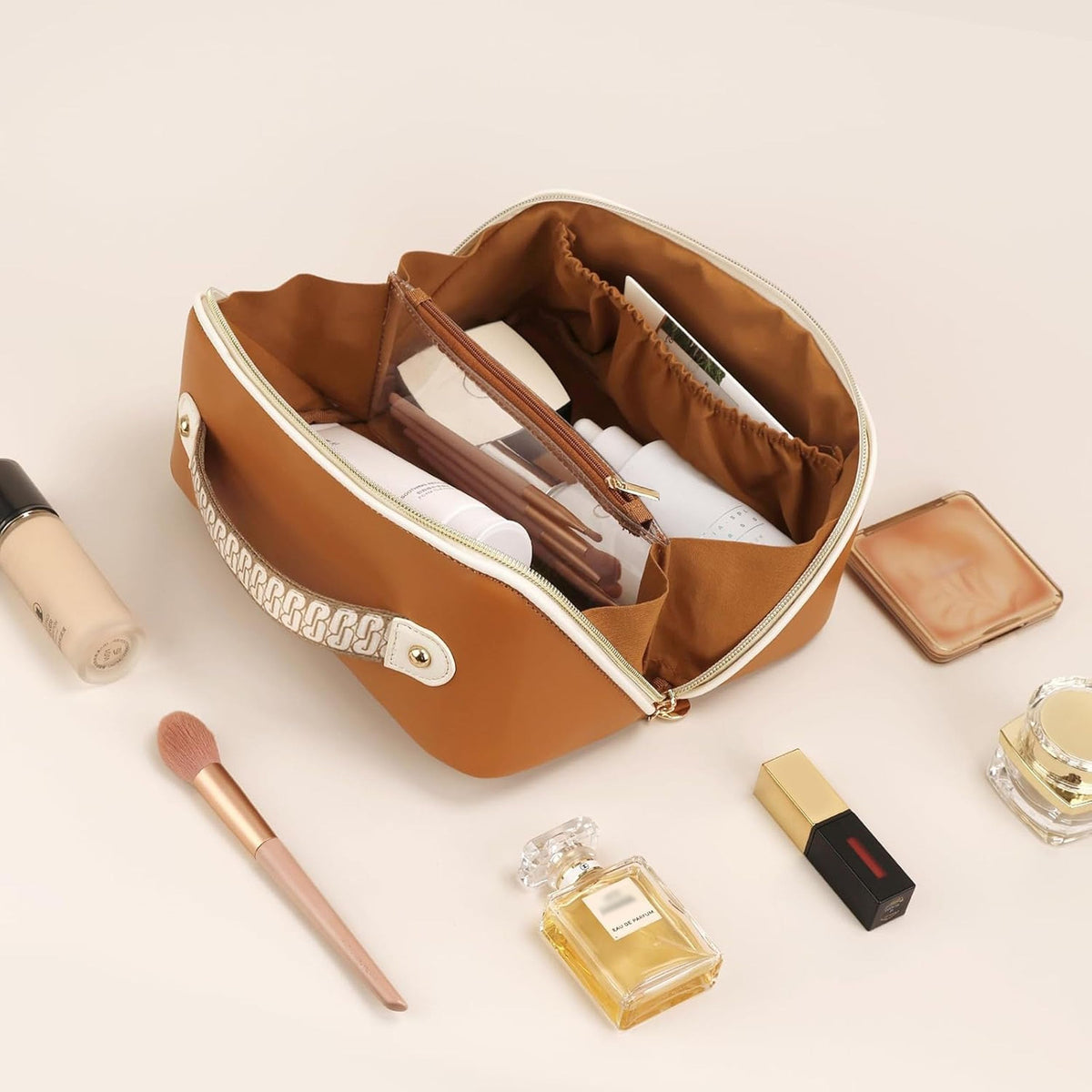 Prite Makeup Bag for Women Travel Waterproof Vegan Leather Cosmetic Bag Open Flat Toiletry Bag With Clear Divider and Handle (New Brown, Medium)
