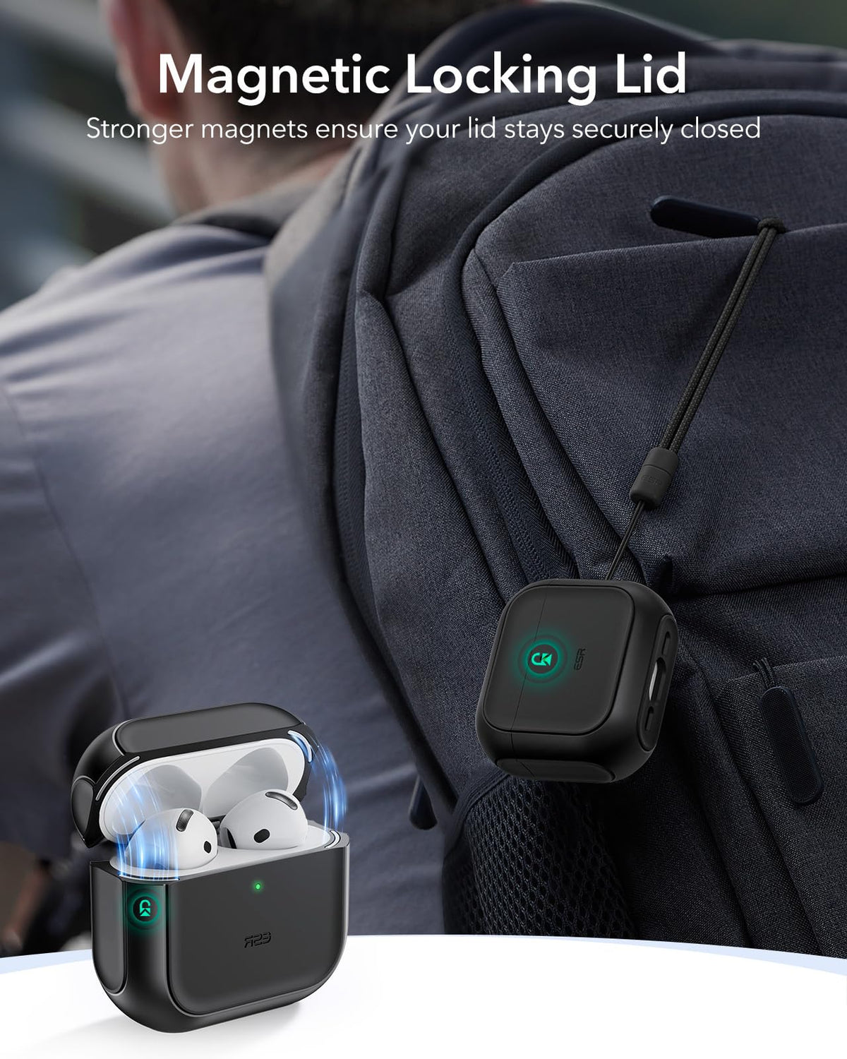 ESR for AirPods 4 Case, Compatible with AirPods 4th Generation Case (2024) (USB-C), Compatible with MagSafe, Drop Protection Cover with Lanyard, Magnetic Lid Lock, Orbit Hybrid Series, Black