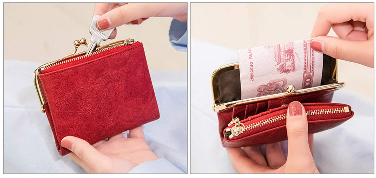 PofeeXIO Womens Wallet RFID Small Compact Bifold Leather Vintage Wallet,Ladies Coin Purse with Zipper and Kiss Lock (Red)