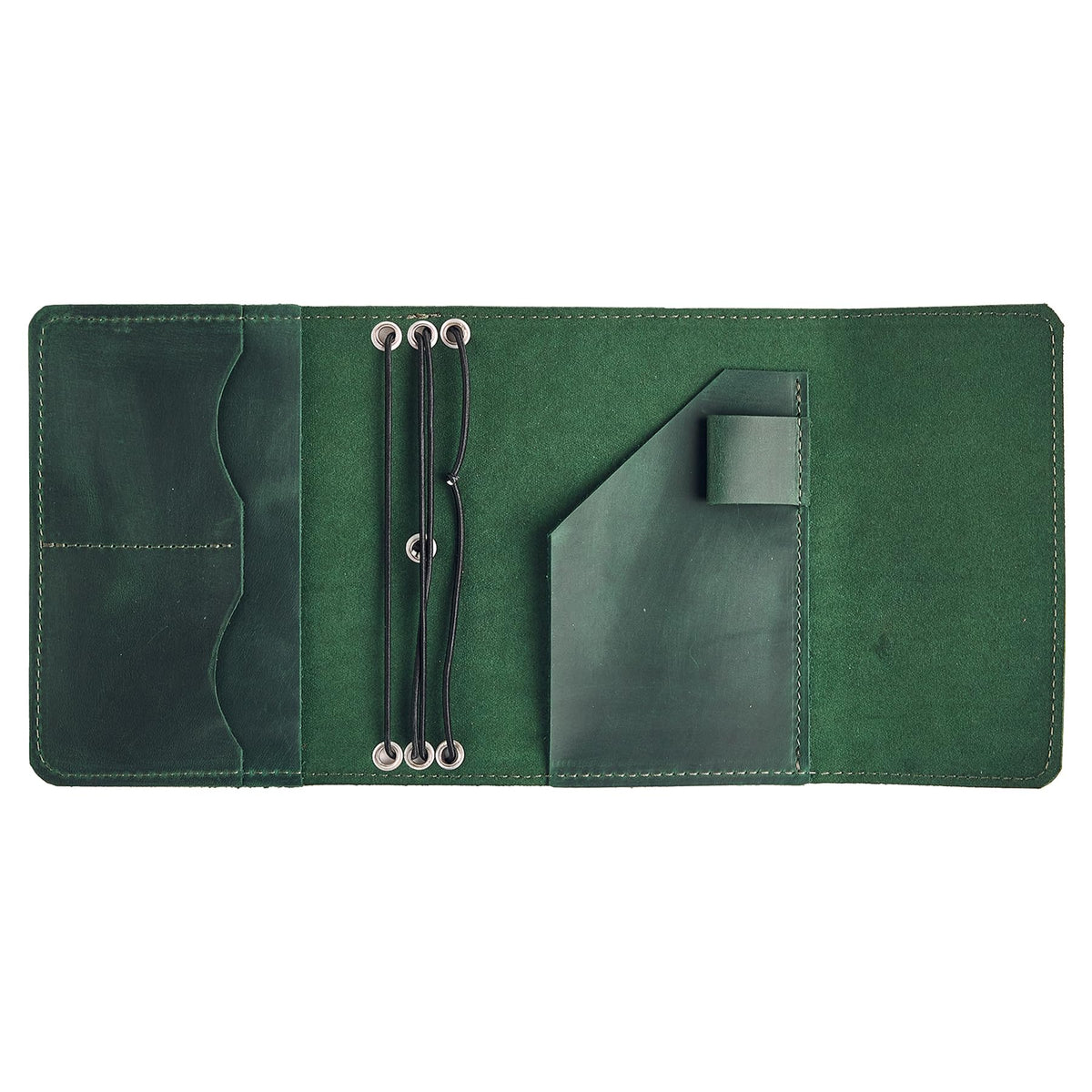 TORAKIP Genuine Leather A6 Journal Cover – Refillable Handmade Notebook Cover with 3 Elastic Bands, Pen Loop & Card Pockets – Travel Diary Case Fits A6 4.1" x 5.8" Notebooks (Paper Not Included), Green