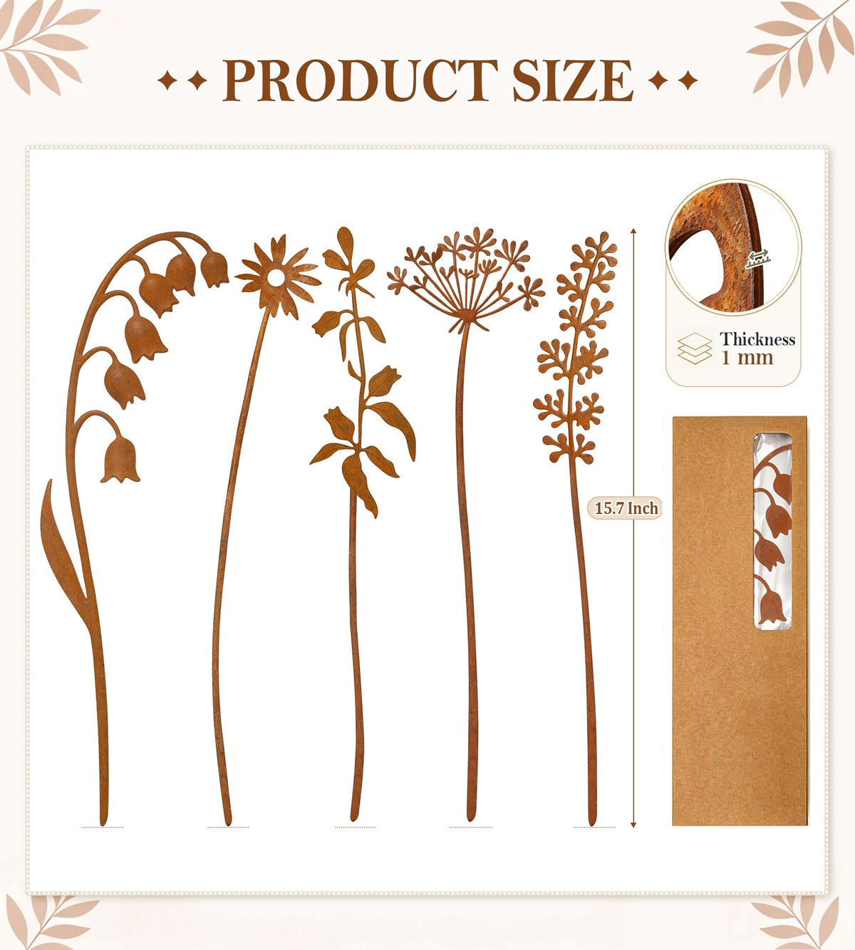 VIS'V Metal Decorative Garden Stakes, 15.7 Inch Rusty Flower Plant Yard Art Stakes for Outdoor Indoor Decor, 5 Pcs