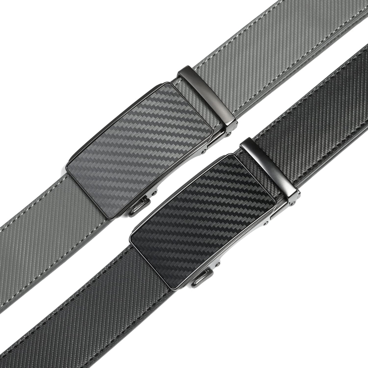 2 Pack Ratchet Belt 1 3/8", Leather Dress Belt with Click Sliding Buckle in Gift Set Box, Mens Adjustable Belt Trim to Fit (Carbon Fiber Black/Gray/Grey, 28"-42" Waist Adjustable)