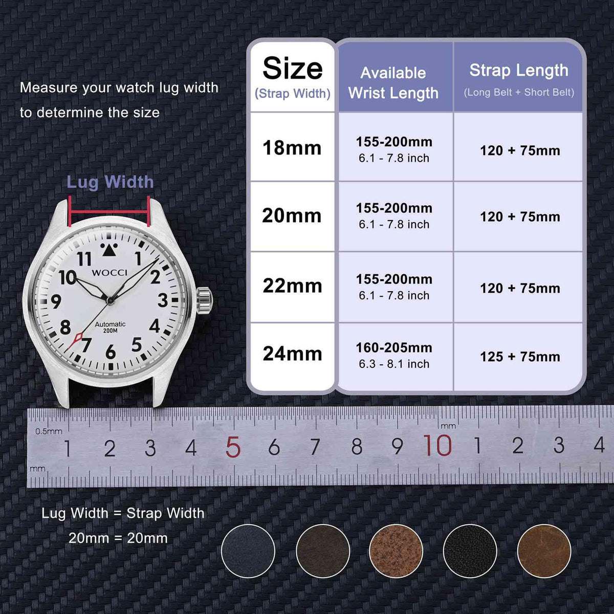 WOCCI 20mm Watch Band, Pull Up Leather, Polished Silver Buckle (Midnight Blue)