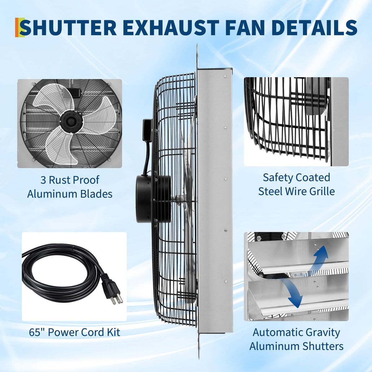 ExploreHorizon 20" Shutter Exhaust Fan with 5 ft Power Cord, 3500 CFM 1500 RPM Quiet High-Speed Airflow with Automatic Shutter Wall Mount fan for Garage, Attic, Greenhouse, Shed Ventilation