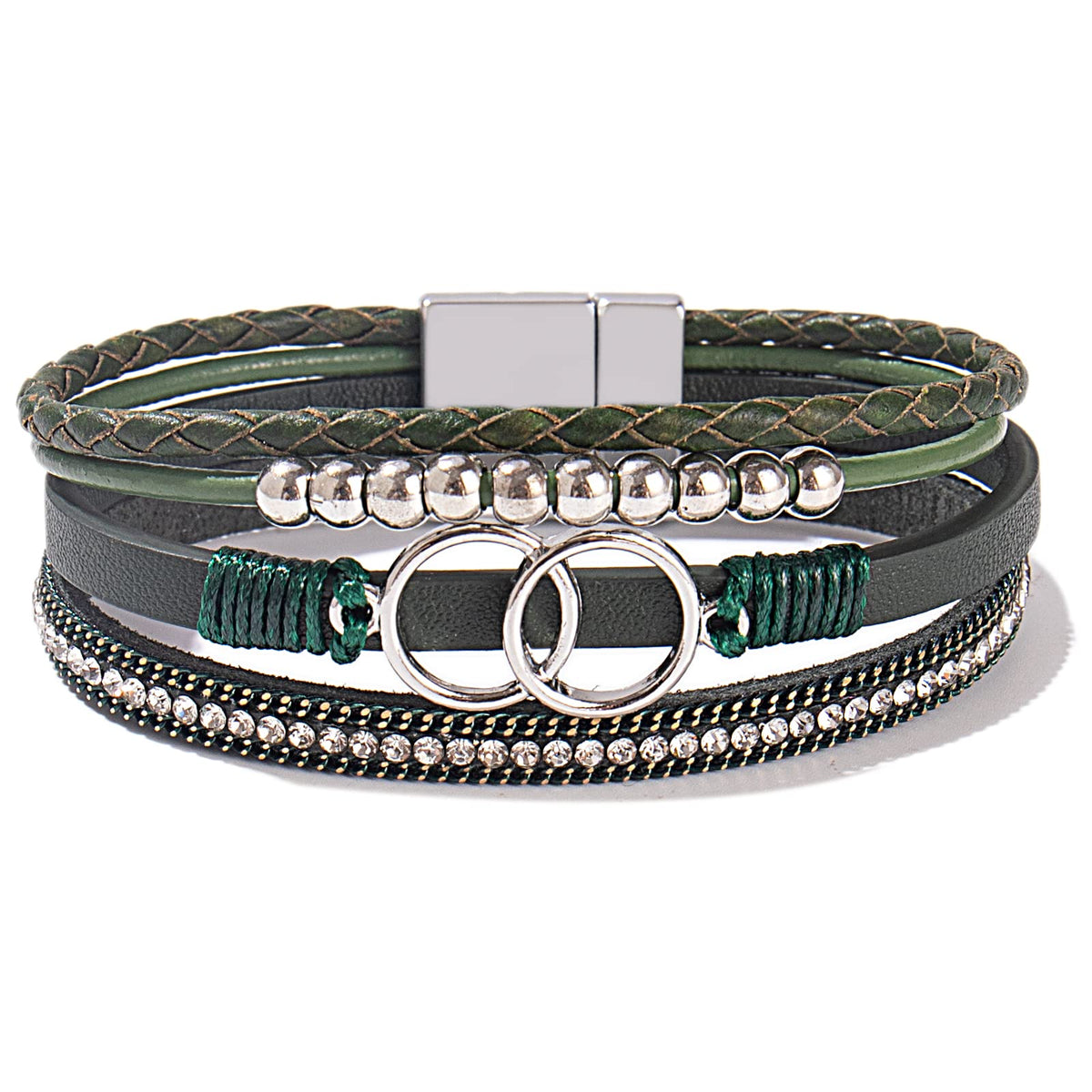 FANCY SHINY Boho Leather Wrap Bracelet Stackable Beaded Infinity Chunky Cuff Bracelets with Magnetic Clasp Western Hippie Outfits Jewelry Gifts for Women(Olive Green)