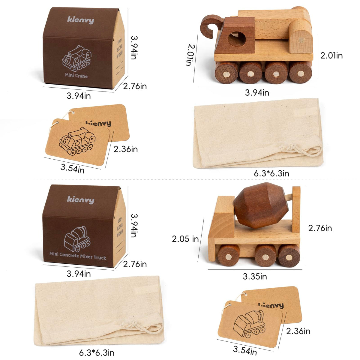 kienvy Wooden Toy Cars for 3 Year Old Boys & Girls - Construction Vehicles Set Push Toys for Toddlers, Wood Montessori Car with Rolling Wheels, Natural Wood Toys (Crane & Concrete Mixer Truck)