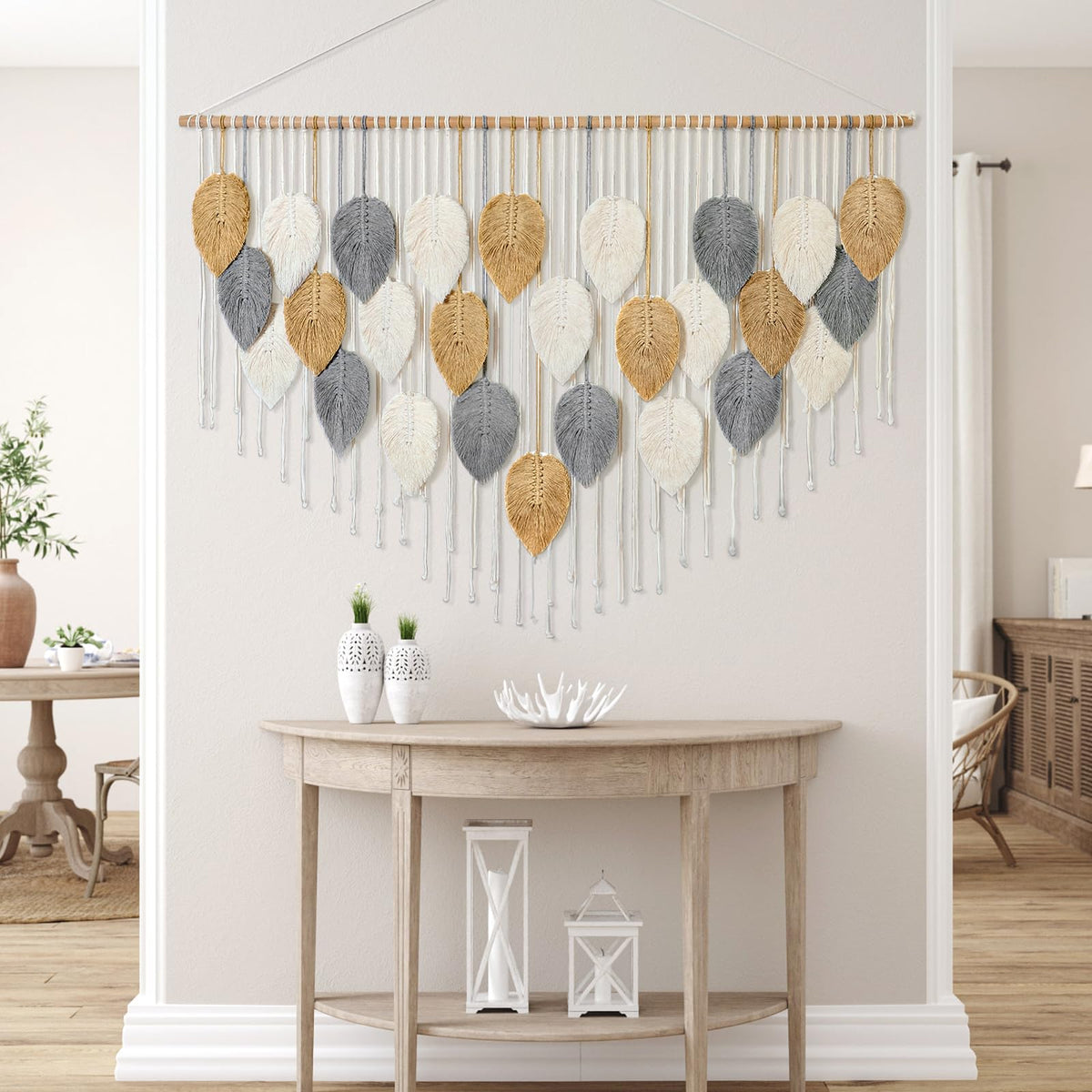 KHOYIME Large Macrame Wall Hanging Boho Woven Tapestry, Chic Modern Home Decor Bohemian Farmhouse Handmade Leaf Feather Wall Art Decorations for Living Room Bedroom Nursery Dorm Backdrop 51.5"W X 33.5"L