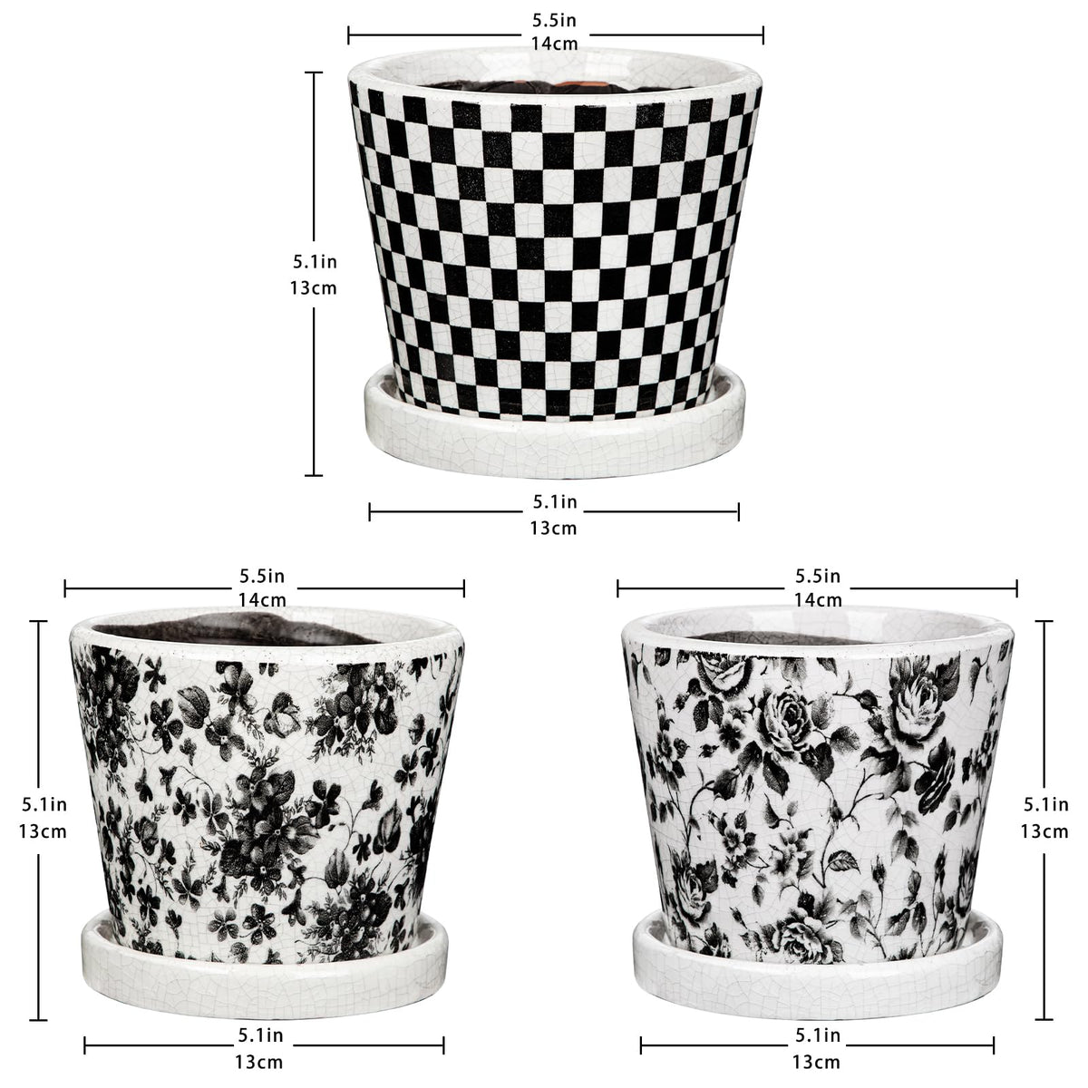 Set of 3 Black Plant Pots, Small Flower Pots Round Planter Pot with Drainage Hole and Saucers Modern Ceramic Planters for Indoor Plants Succulents Cactus Orchid Garden 5.5 Inch Outdoor Plant Pot