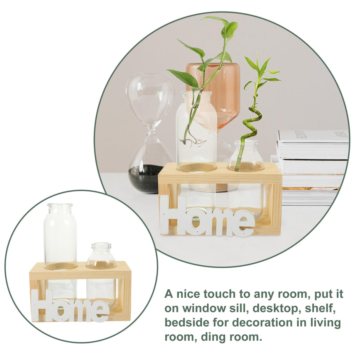 Abaodam Hydroponic Glass Vase with Wooden Rack, Nordic Style Plant Terrarium for Indoor Propagation and Home Décor, 2pcs Set Desktop Glass Planter for Hydroponic Plants