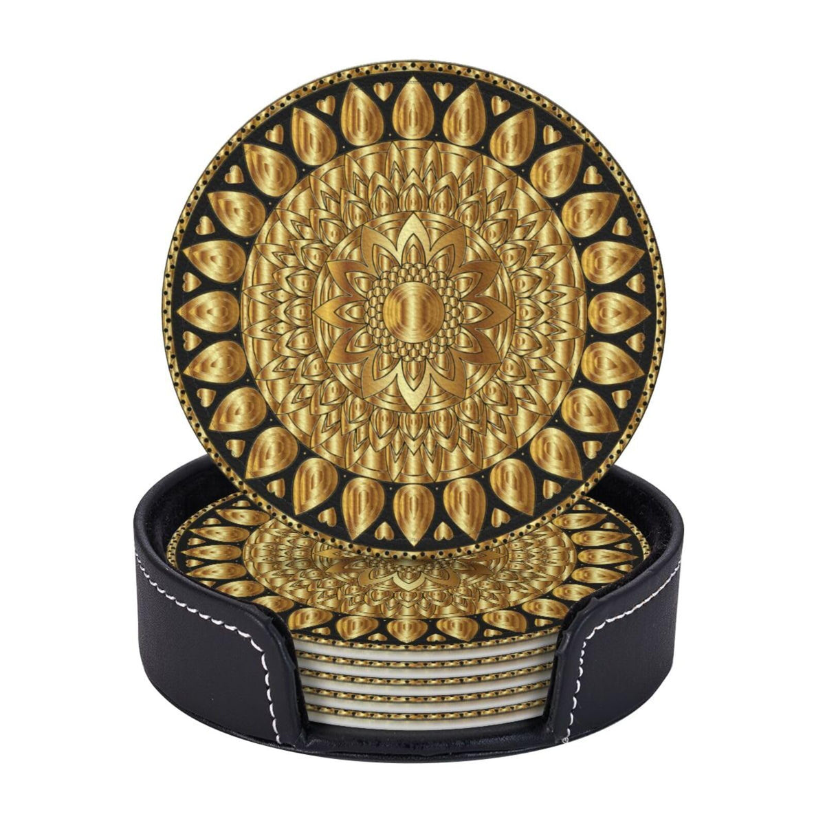 BOXIMIAO Drink Coasters with Holder Stand Set of 6, Pu Leather Absorbent Coasters with Cork Base Table Coaster Round Coasters for Housewarming Apartment Kitchen Bar Decor Mandala Art Floral Gold