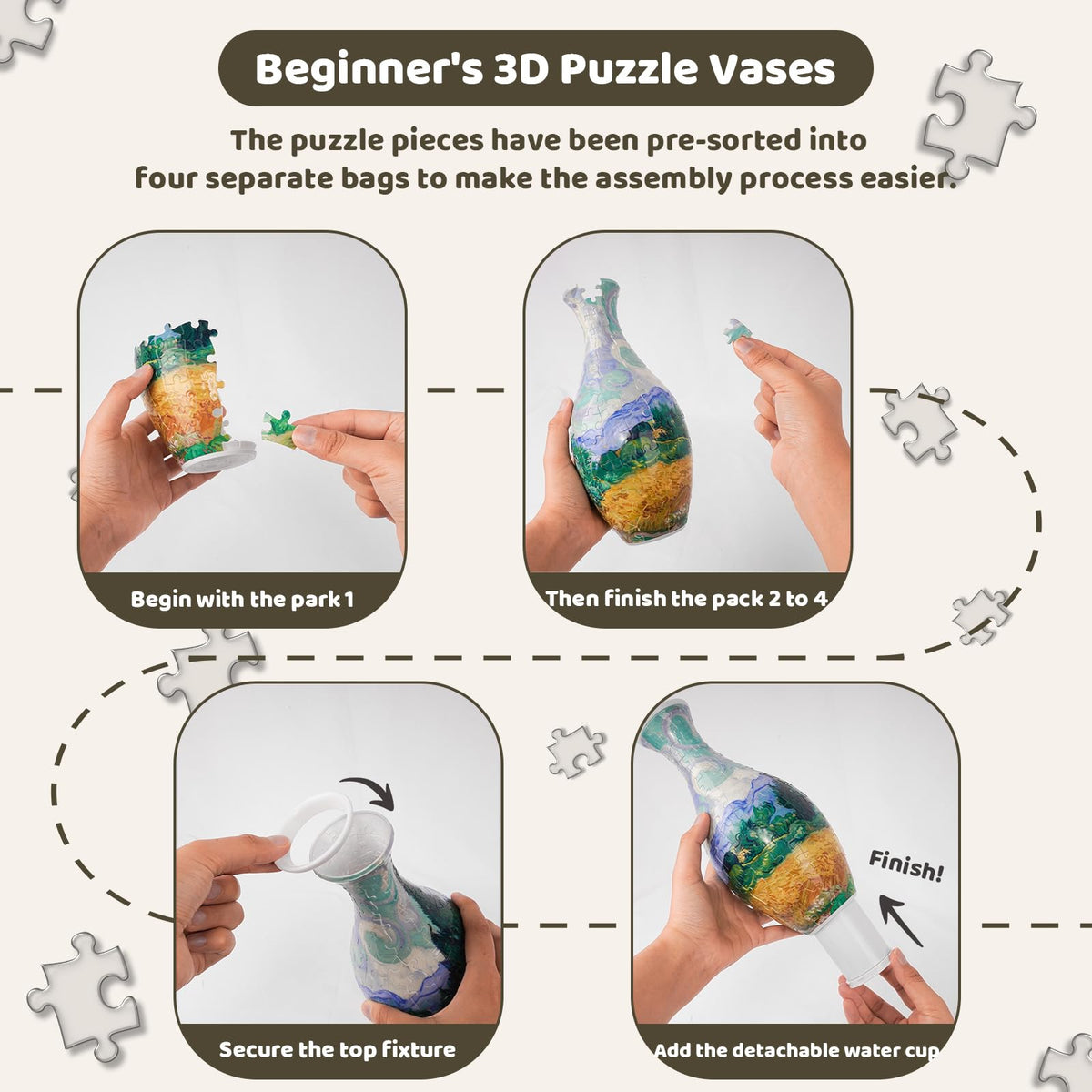 3D Puzzles Vase for Adults with LED Light, 160 Pcs Unique Plastic Flower Vase Puzzle,Crafts for Adults,DIY House Warming Gifts for Flower Arrangements and Home Decor (Wheat Field)