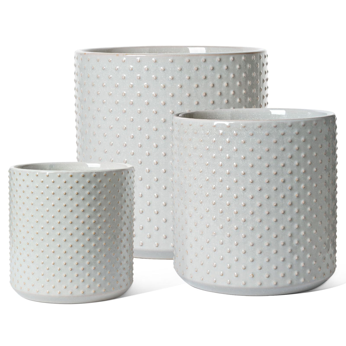 LE TAUCI Ceramic Pots for Plants, 10/8/6 Inch Indoor Planters with Draiange Hole, Silicone Plug & Mesh Pad, Modern Rasied-Dots Pots for Home Office, Set of 3, Glossy, Star Gray