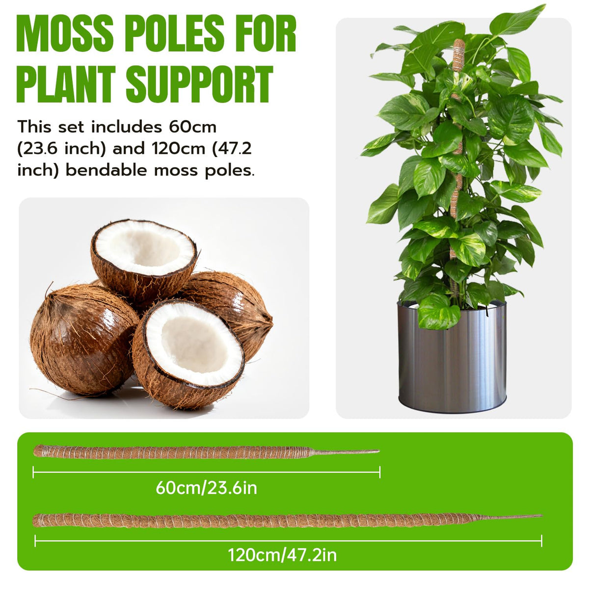 Mcbazel 2 Pack Bendable Moss Pole Kit (47" & 23") for Plants Monstera - Mixed Size Coco Coir Plant Support Stakes for Tall & Medium Indoor Vines - Flexible Totem Stick with Full Garden Ties