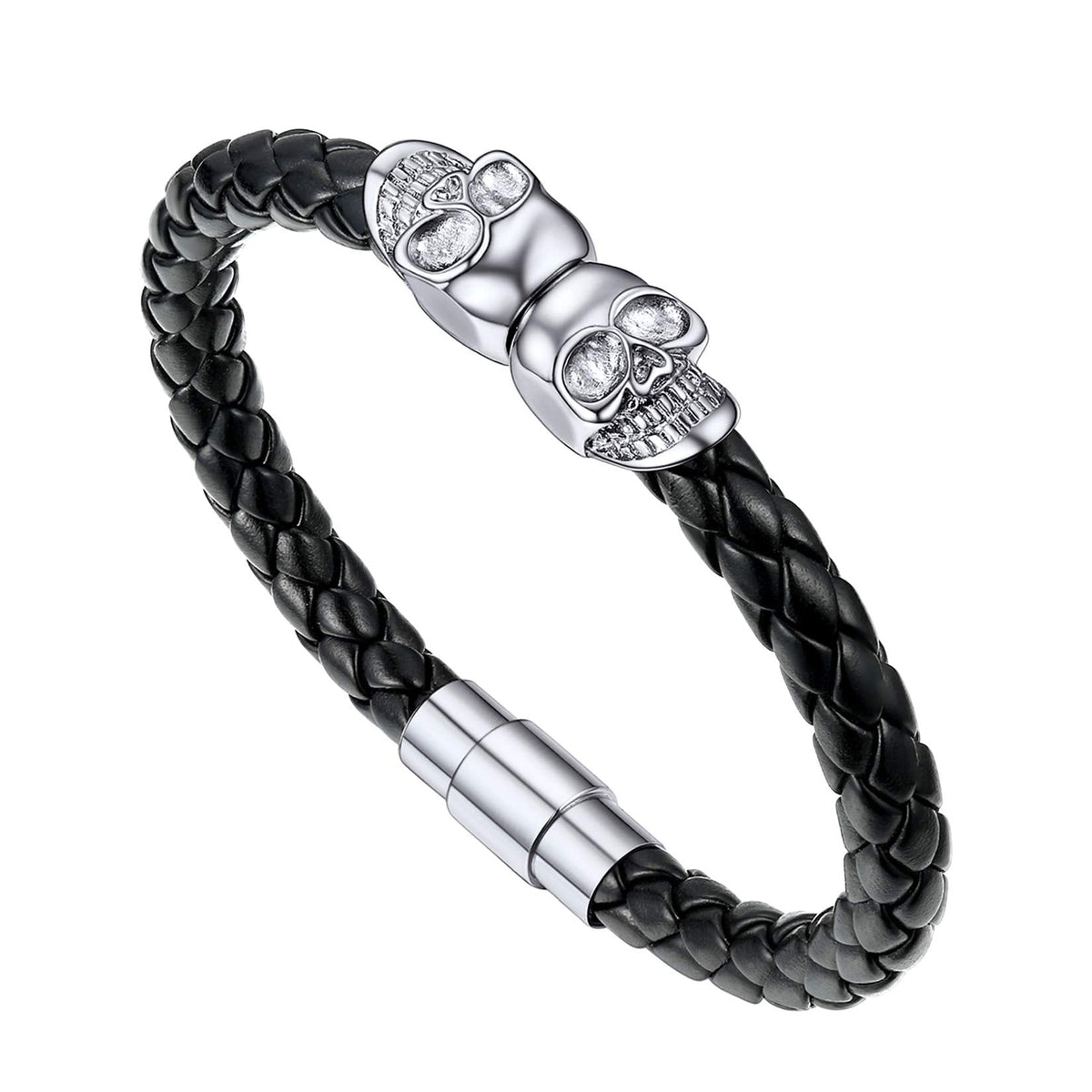 U7 Personalized Skull Bracelets Men Biker Surfer Bracelet Bangle with Stainless Steel Clasp, Braided Black Leather Gothic Twin Skeleton Cuff Bracelet (8.3")