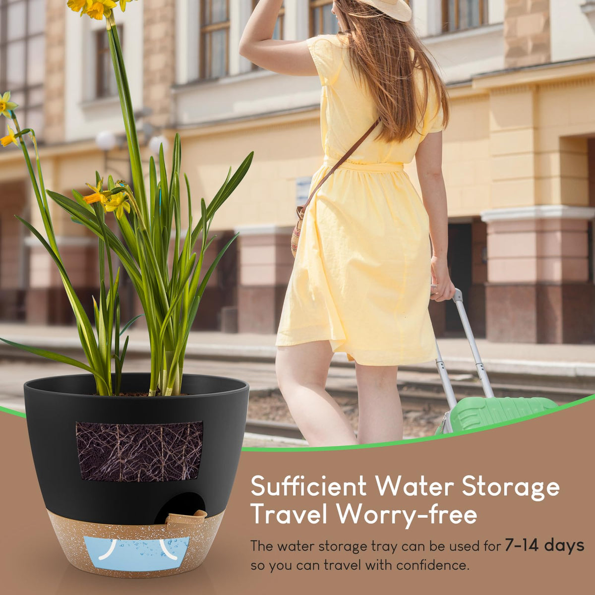 YNNICO Plant Pots 10/9/8/7.5/7 inch, Self Watering Planters with Drainage Holes & Saucers for Indoor and Outdoor Plants (Black)