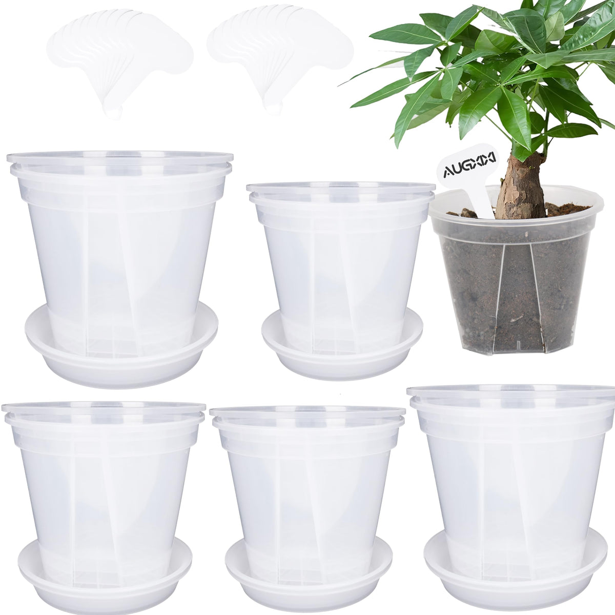 AUGXIXI 10 Sets Transparent Plastic Garden Pots Planter with Saucer 3.9/4.7/5.5/5.9/6.3 inch Plant Pot Nursery Pots Drainage Hole for House Plants, Herb, Flowers, and Cactus with 20pcs Plant Labels