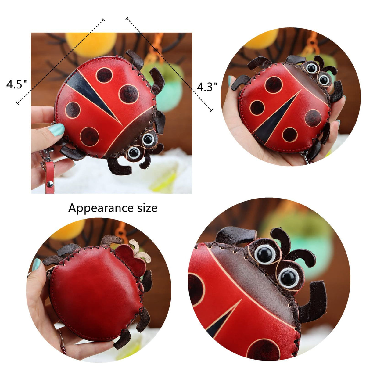 Fanyixuan Vegetable Tanned Leather Cowhide Ladybug Coin Purse Suitable For Storing Coins Keys Lipstick Creative Gift Clutch Bag