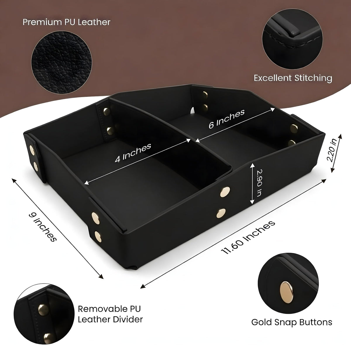 CAVIANA Valet Tray Organizer for Men & Women - PU Leather Catch All Tray with Removable Divider - EDC Storage for Keys, Watch, Phone - Nightstand, Dresser & Desk Organizer - Obsidian Black