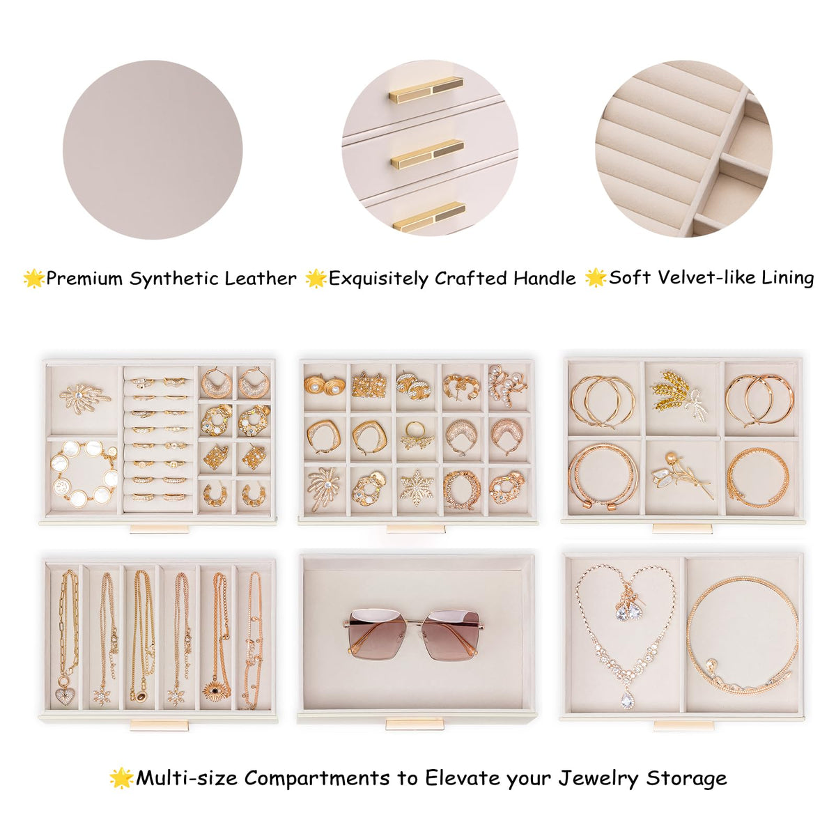 VLANDO 6-Drawer Jewelry Box with Glass Lid, Faux Leather Organizer for Rings Earrings Necklaces and More, Gift-Ready Jewelry Case for Women Girls or Moms, Pink Beige