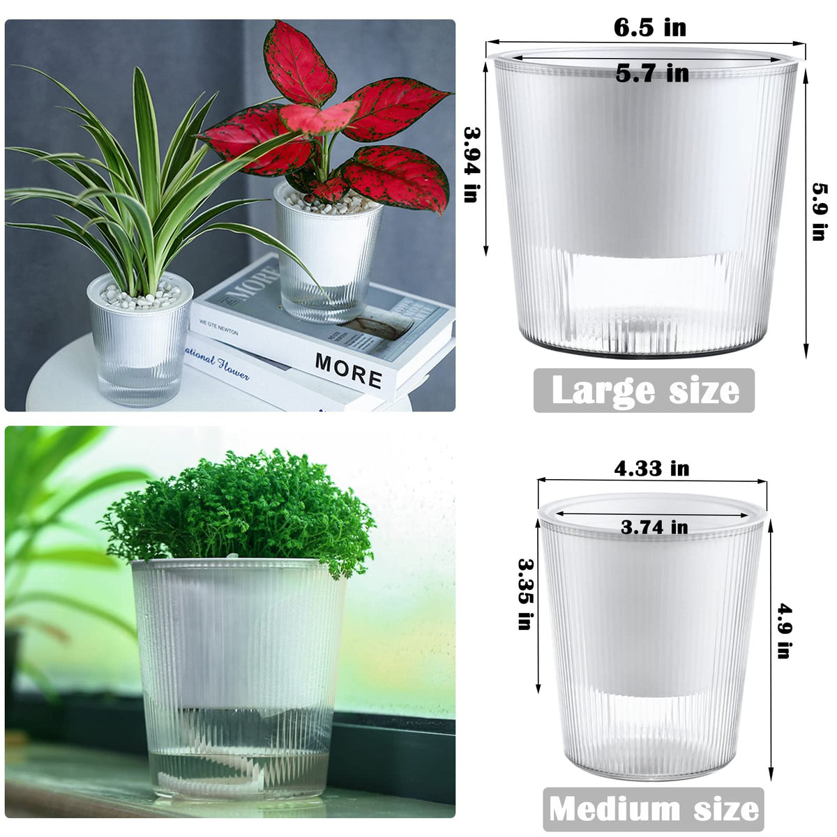 4-Pack 6.5 Inches Clear Self-Watering Planters and Pots for Indoor Plants Large Orchid Plant Pots Plastic Wick Flower Pots, African Violet Pot Set, Home Decor Pot