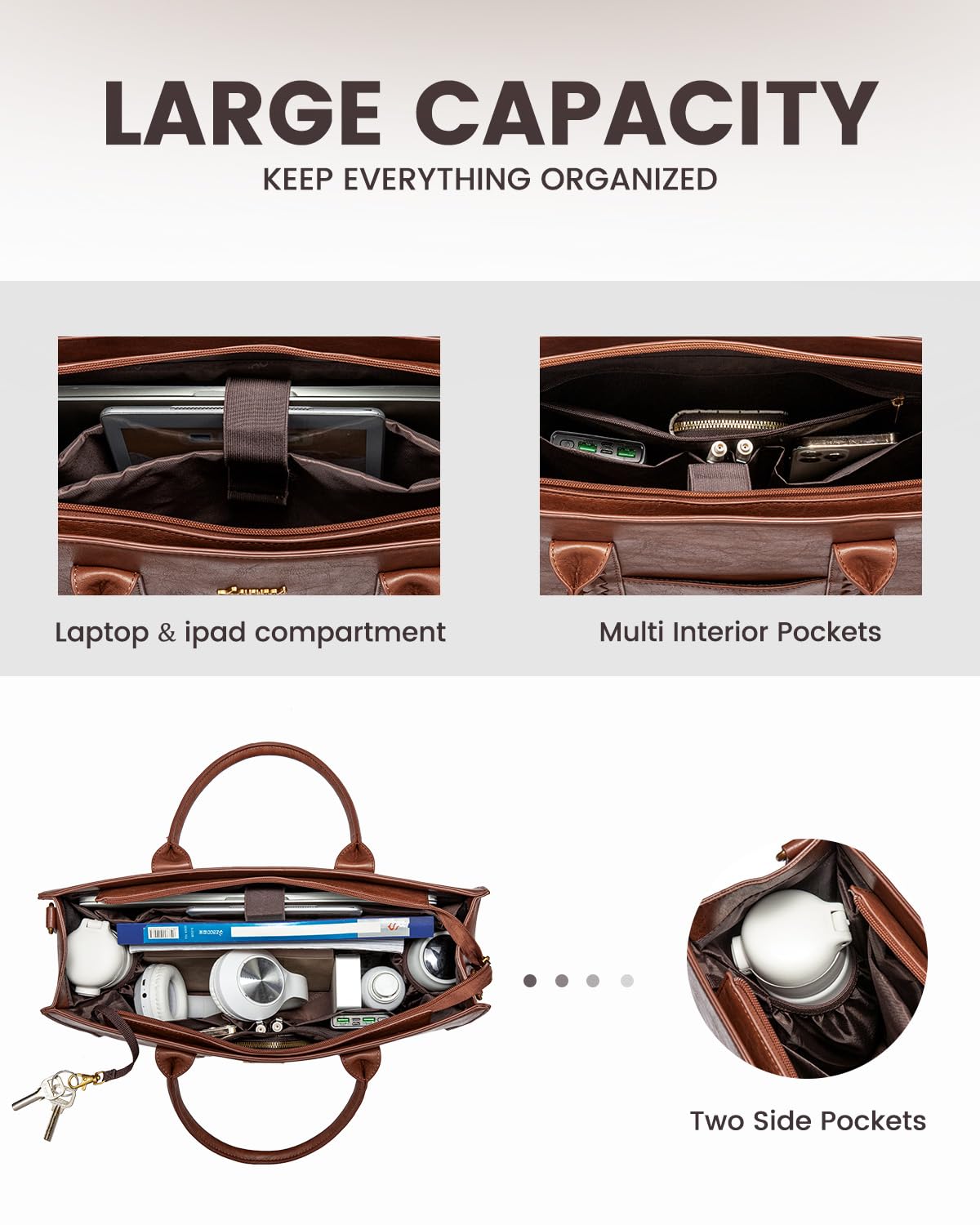 LOVEVOOK Laptop Tote Bag for Women, Vintage Leather Work Bag With Cup Holder, Waterproof Computer Purse, Professional Briefcase Office Shoulder Handbag, 15.6 Inch, Brown