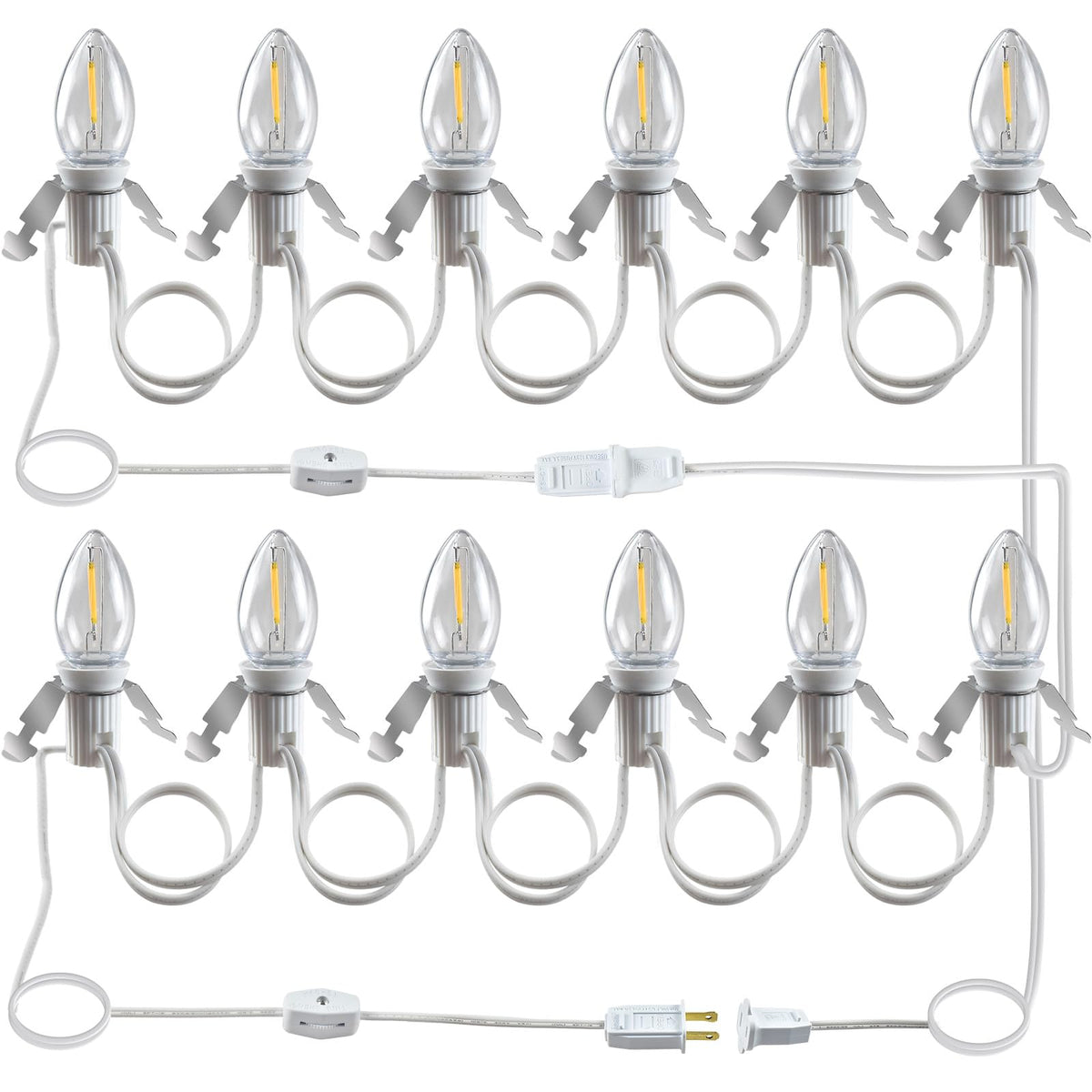 Wltotuay C7 LED Light Bulb Cord Clip Lights, 12 Bulbs, Brass, White, Model 6LED for Christmas and Party Decorations