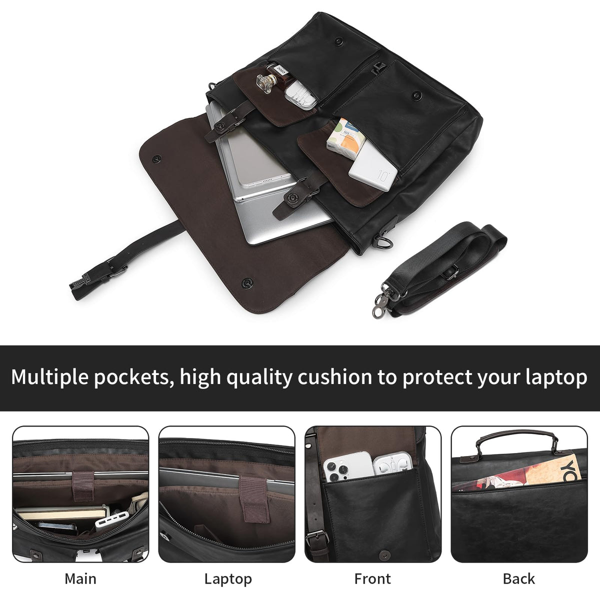 Leather Messenger Bag for Men,15.6 Inch Vintage Mens Laptop Bag Water Resistant Business Travel Briefcase Satchel Work Computer Bag Black